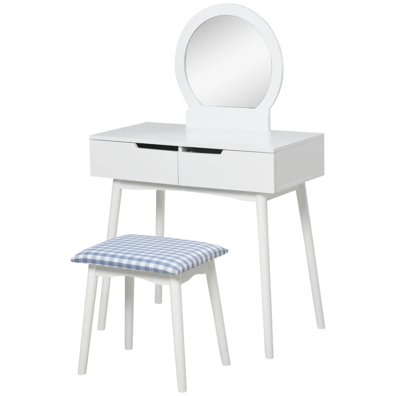 Makeup vanity desk with round mirror and drawers
