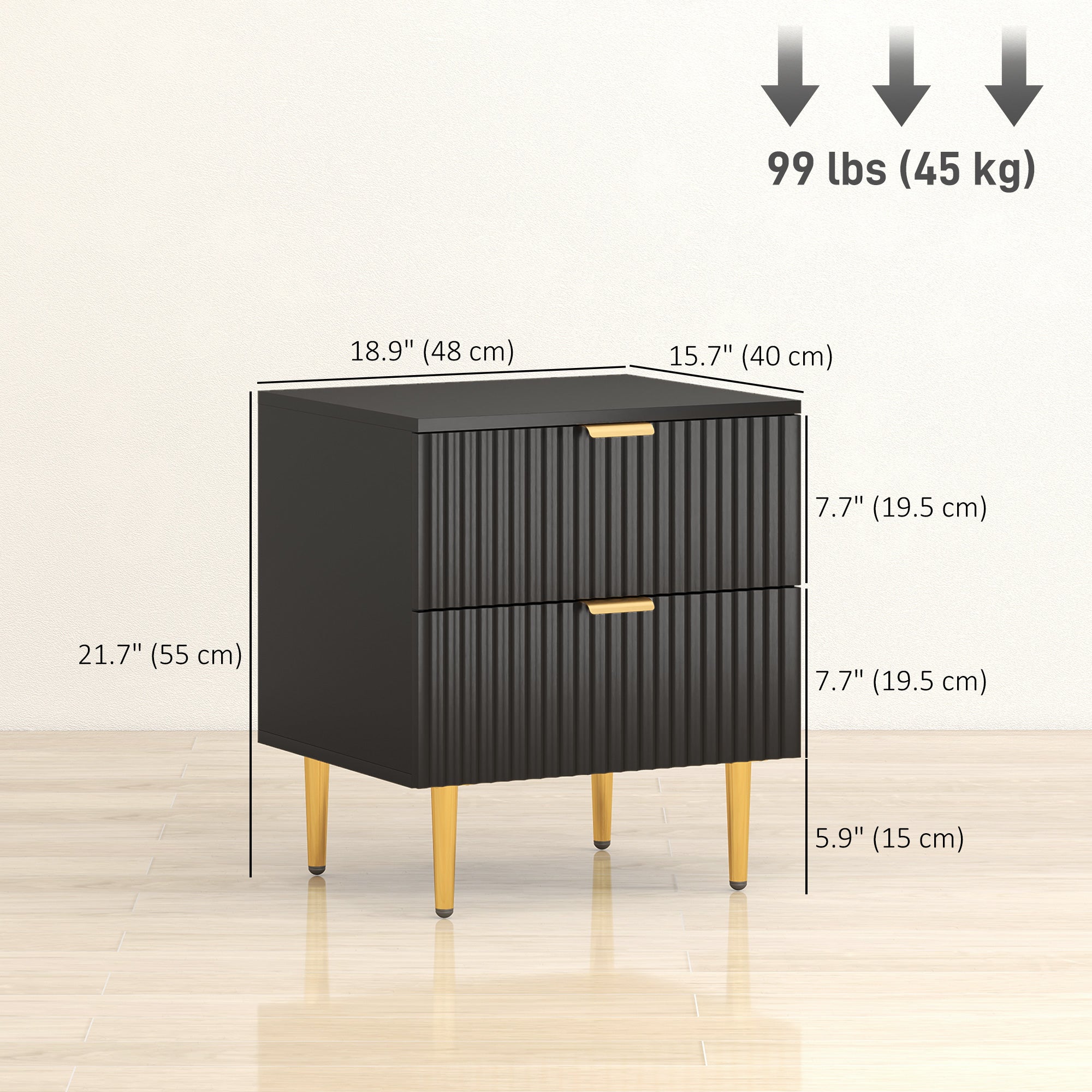 Bedside Table Set of 2, Modern Nightstand with 2 Drawers, Side End Table with Metal Legs for Living Room, Bedroom, Black