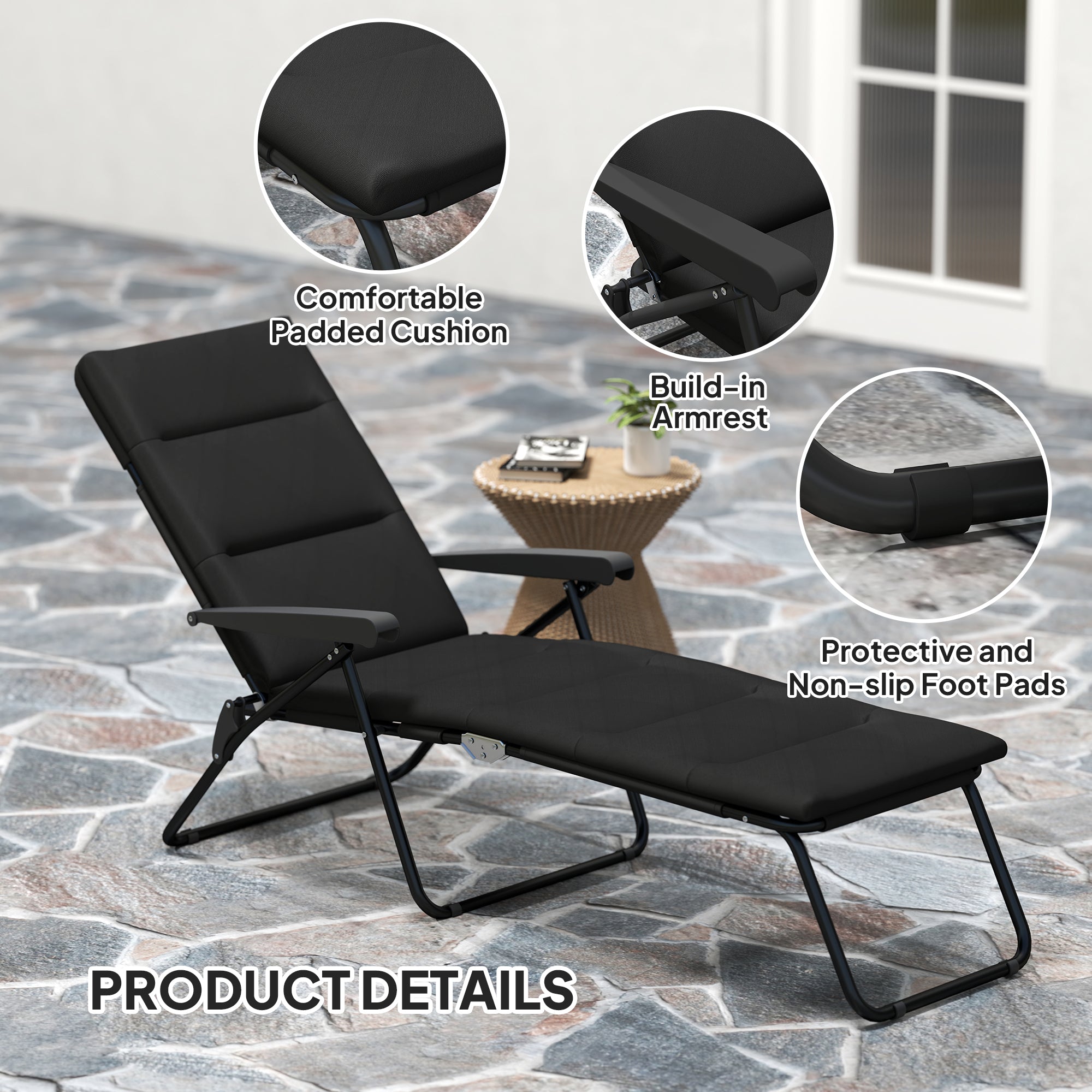 Foldable Lounge Chair, Reclining Patio Sun Lounger with 6-Position Adjustable Back, Black
