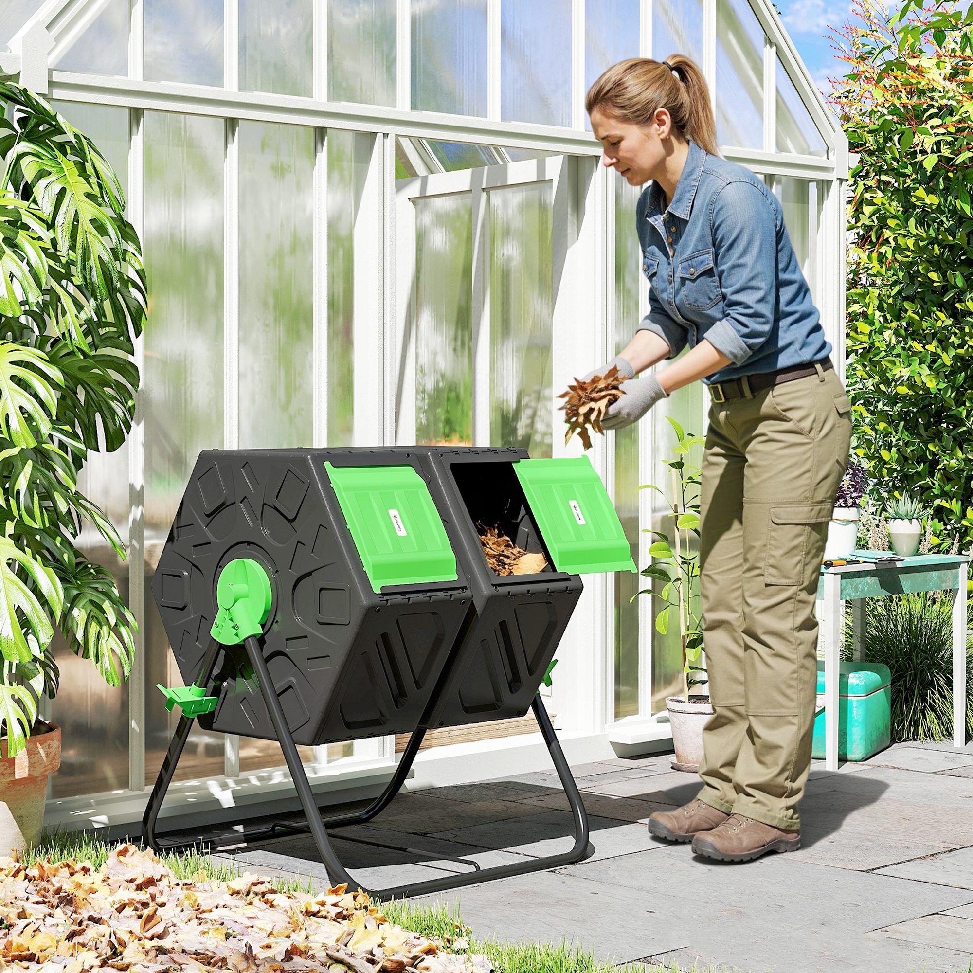 Rotating Composter, Dual Chamber Compost Bin with 24 Vents and Steel Legs, 34.5 Gallon, Green