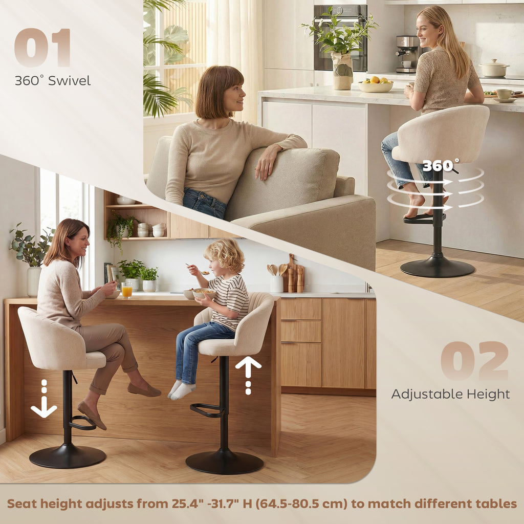 Bar Stools Set of 2, Swivel Counter Height Barstools with Back, Footrest, Adjustable Height, Beige