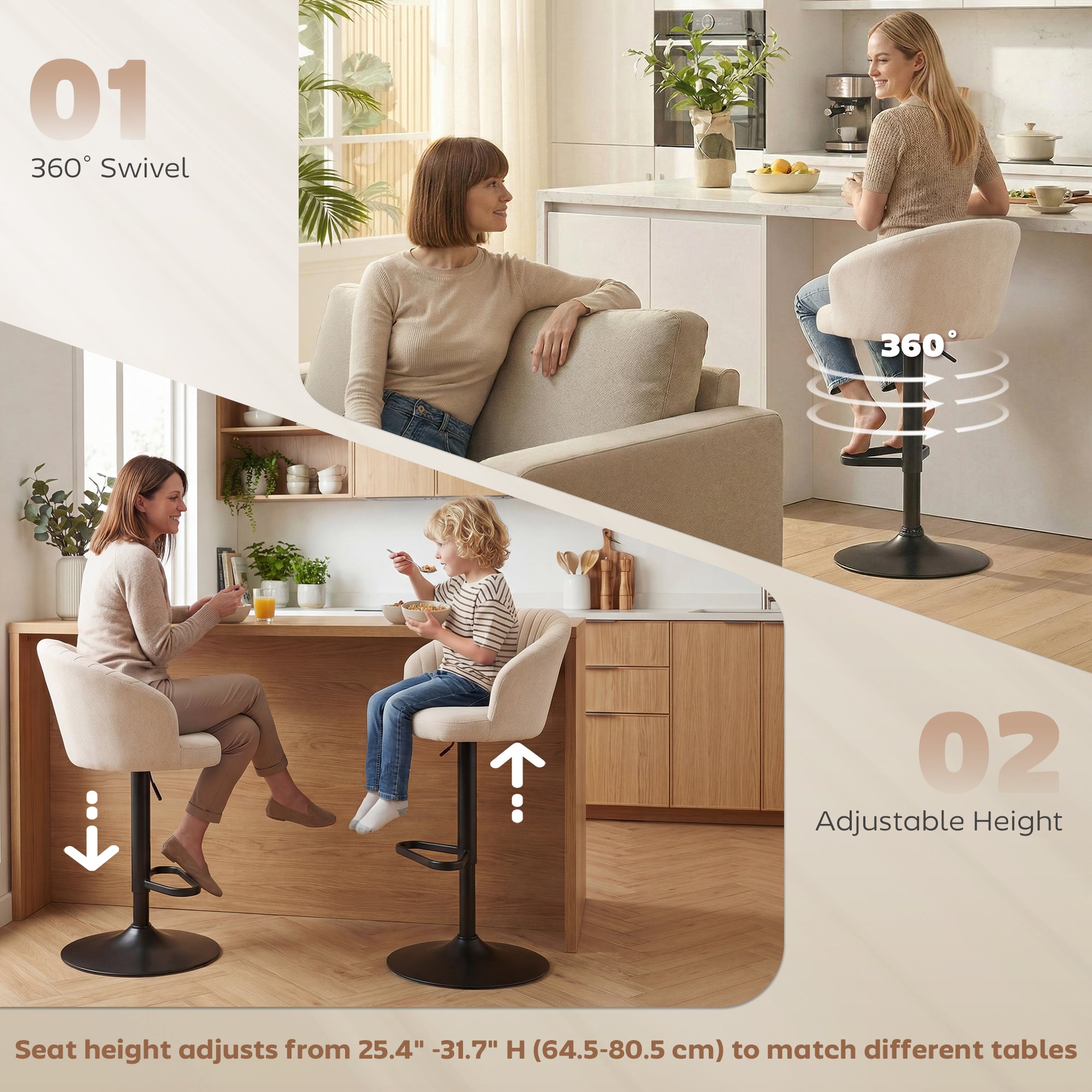Bar Stools Set of 2, Swivel Counter Height Barstools with Back, Footrest, Adjustable Height, Beige