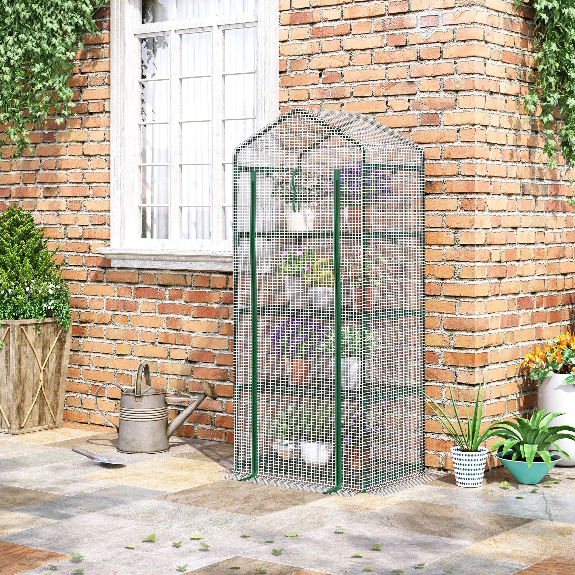 Portable Greenhouse Outdoor Hot House with 4 Tier Shelves, Steel Frame, PE Cover, 28" x 20" x 63" , White