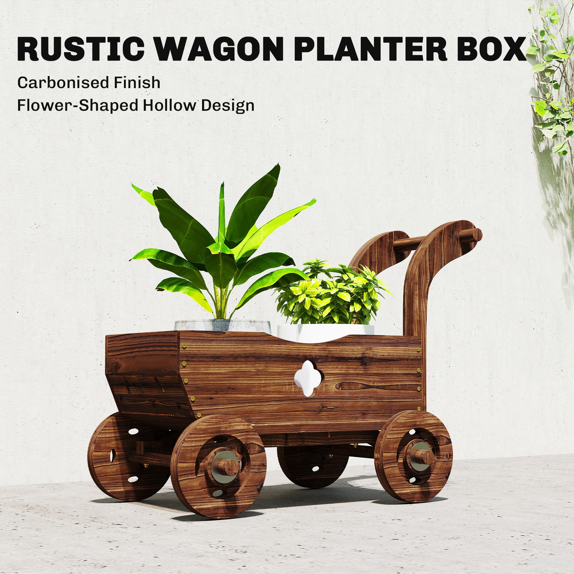 Wagon Flower Planter Cart with Wheels, Garden Wagon with Handle for Outdoor Patio Yard, Carbonized