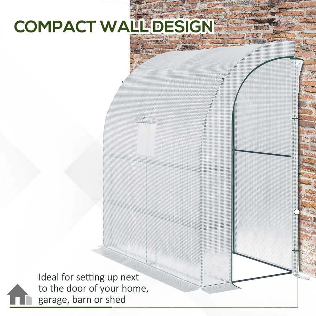 7' x 3' x 7' Outdoor Lean-to Walk-In Greenhouse w/ Roll-up Mesh Windows, Zipper Door and 3-Tier Shelves, White