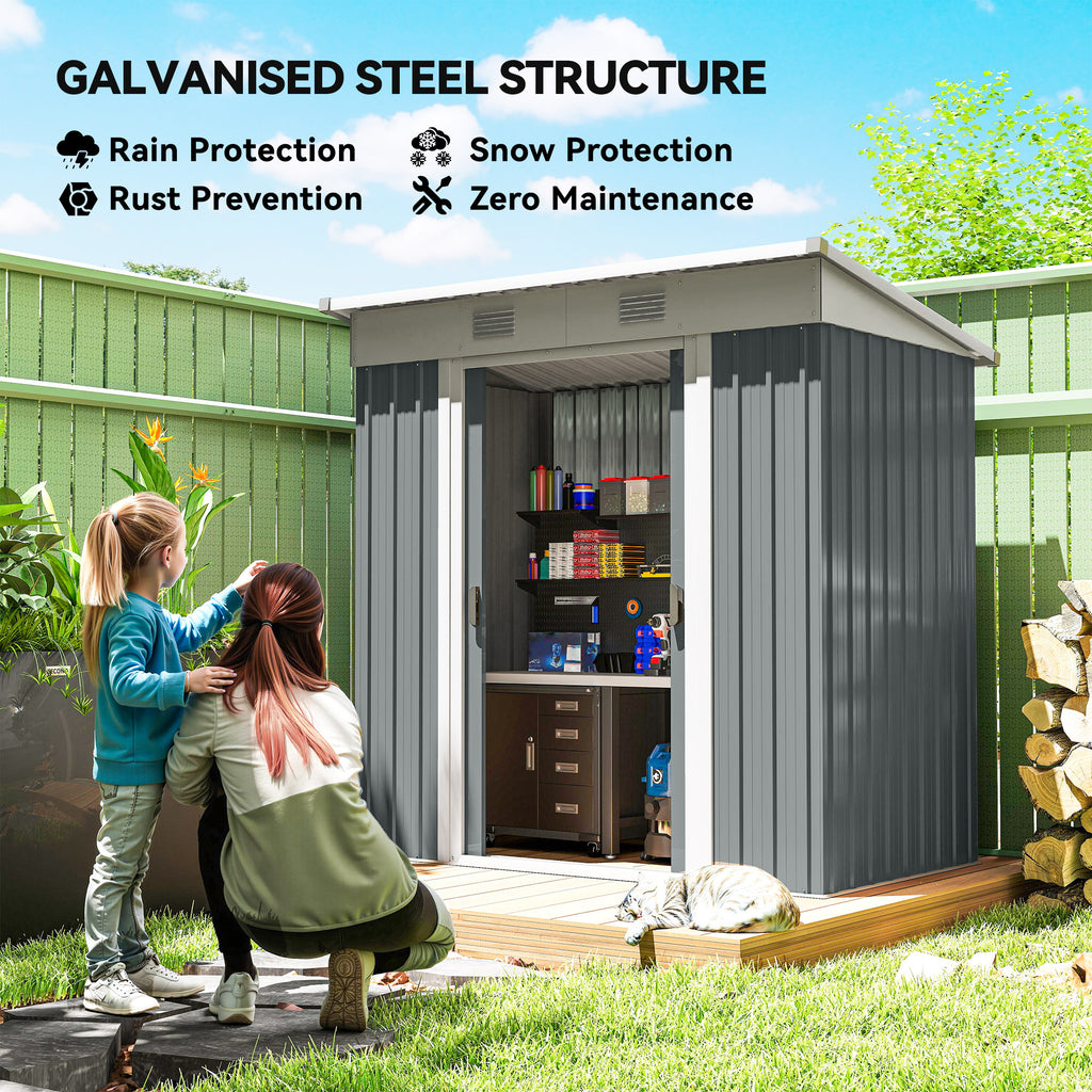 6' x 4' Outdoor Storage Shed, Metal Garden Shed with Lockable Sliding Doors and Vents, Grey