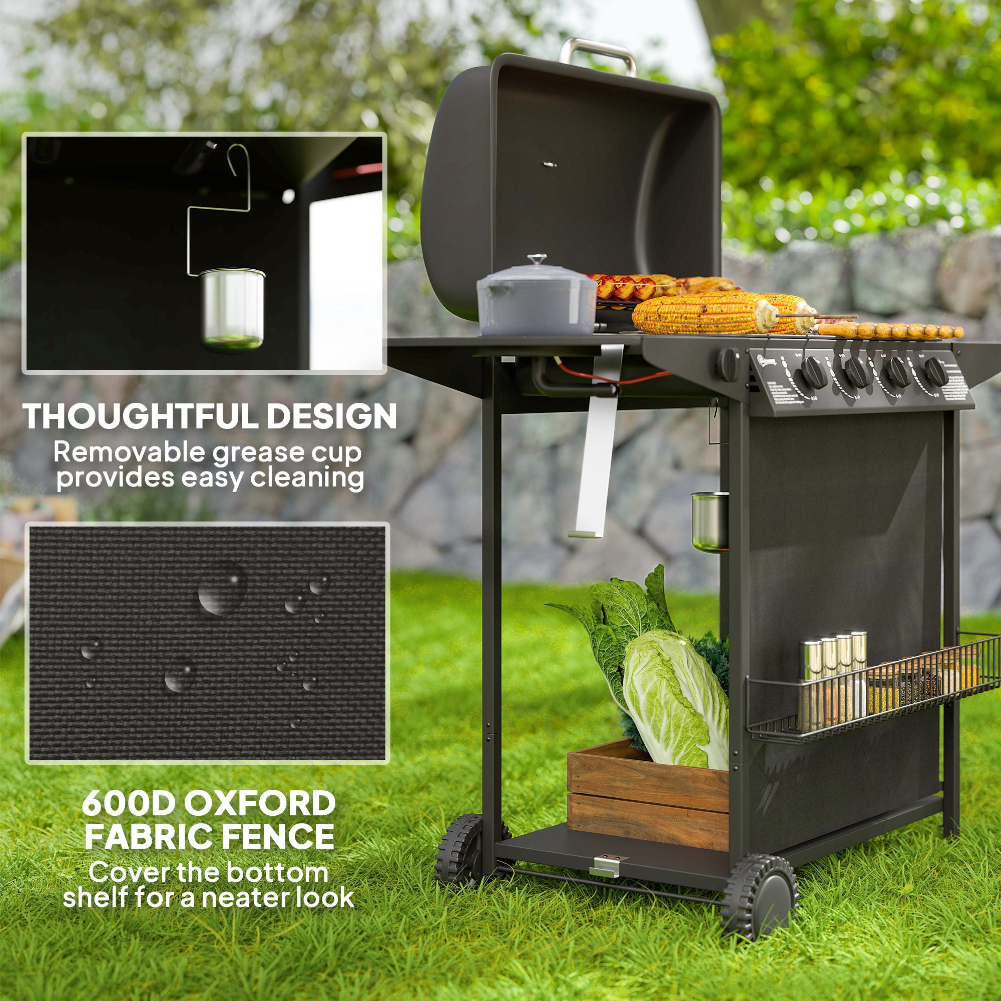 4+1 Burner Propane Gas BBQ Grill, Portable Gas Barbecue Grill with Side Burner, Thermometer, Lid, Side Table, Shelf, Spice Rack, Wheels, Grease Cup for Garden, Black