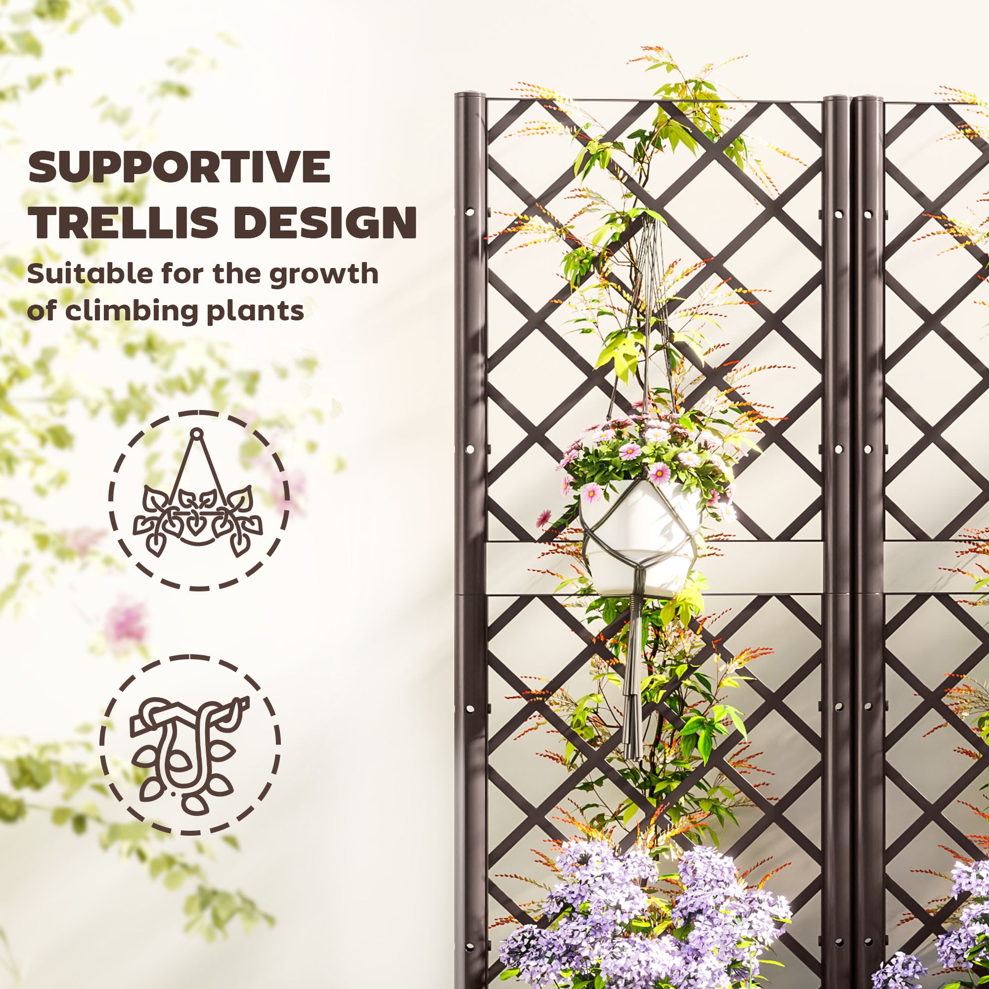 Raised Garden Bed with Trellis, PE Rattan Flower Bed with Drainage Holes and Drain Plugs, 47" x 16" x 48"