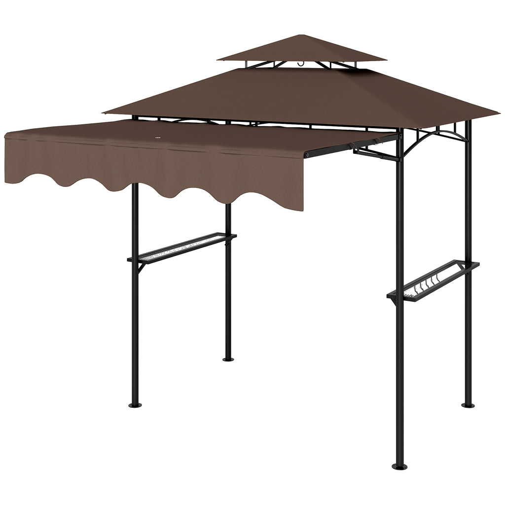 8' x 7.6' Grill Gazebo, Double Tiered Barbecue Grill Gazebo Shelter w/ Side Awning, 2 Side Shelves, 6 Hooks, Brown