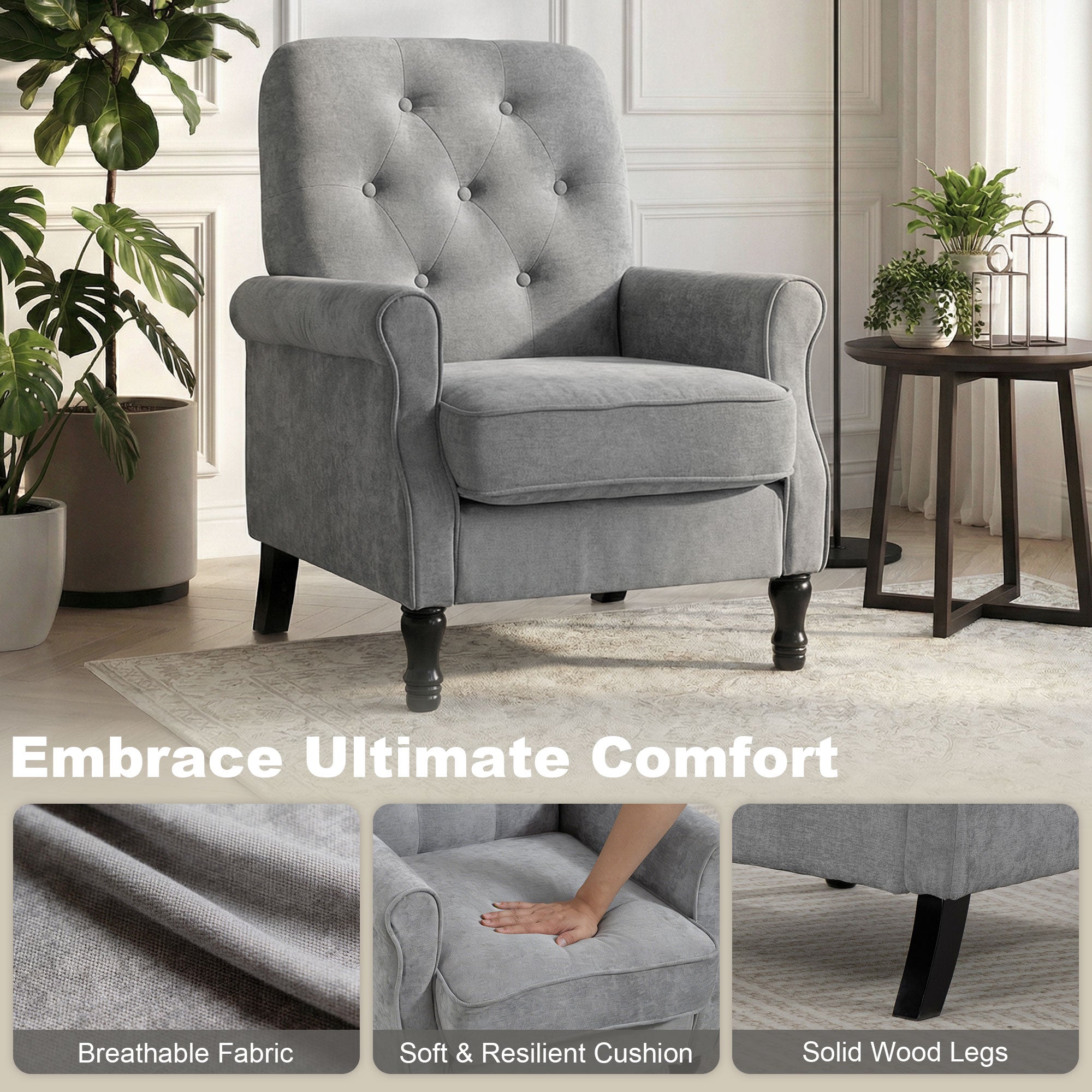 Accent Chair, Mid-Century Modern Armchair with Thick Padded Seat, Spring Cushion, Solid Wood Legs, Grey