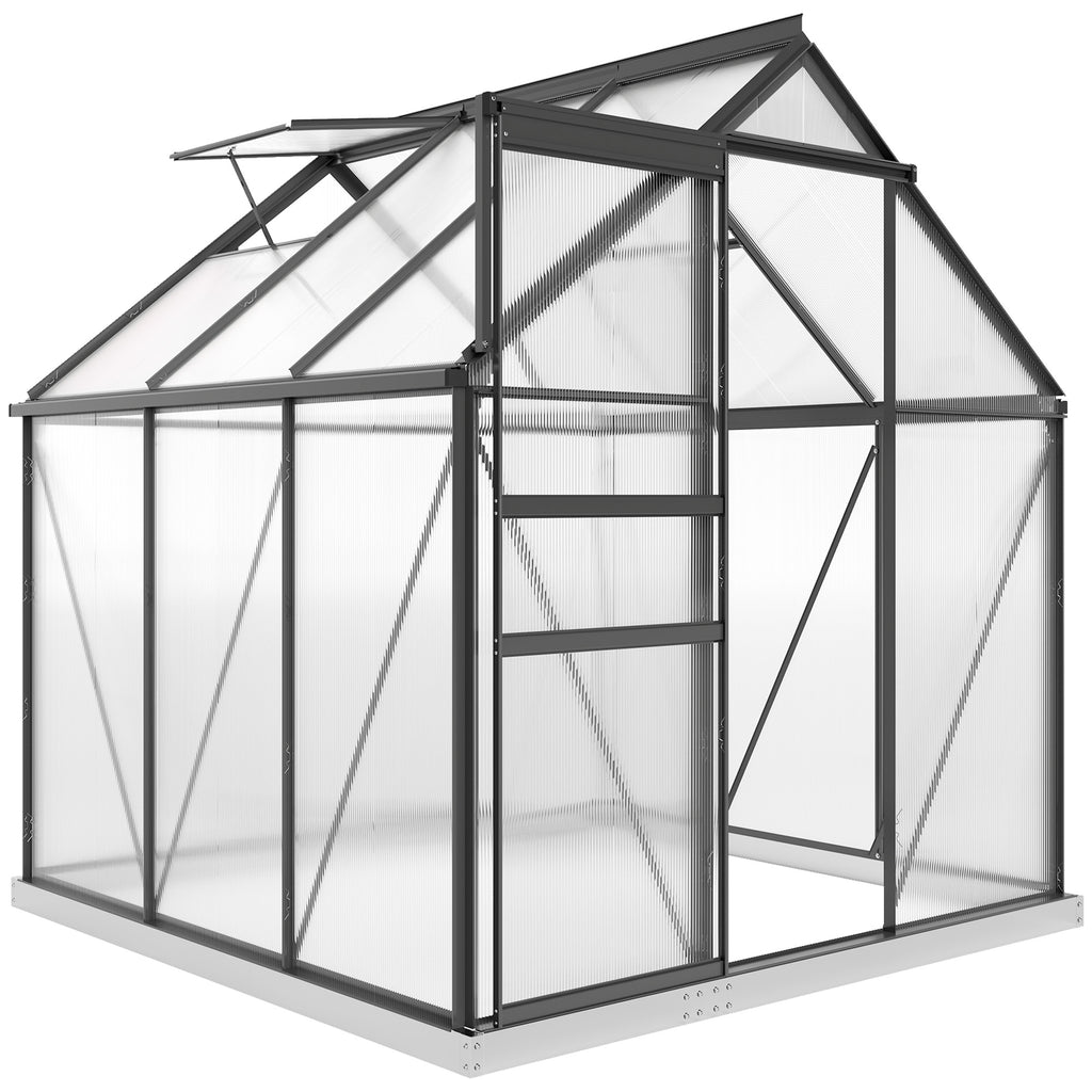 6' x 6' x 6.5' Polycarbonate Greenhouse, Walk-in Green House with Adjustable Roof Vent Galvanized Base Sliding Door Rain Gutter for Outdoor Garden Backyard, Grey