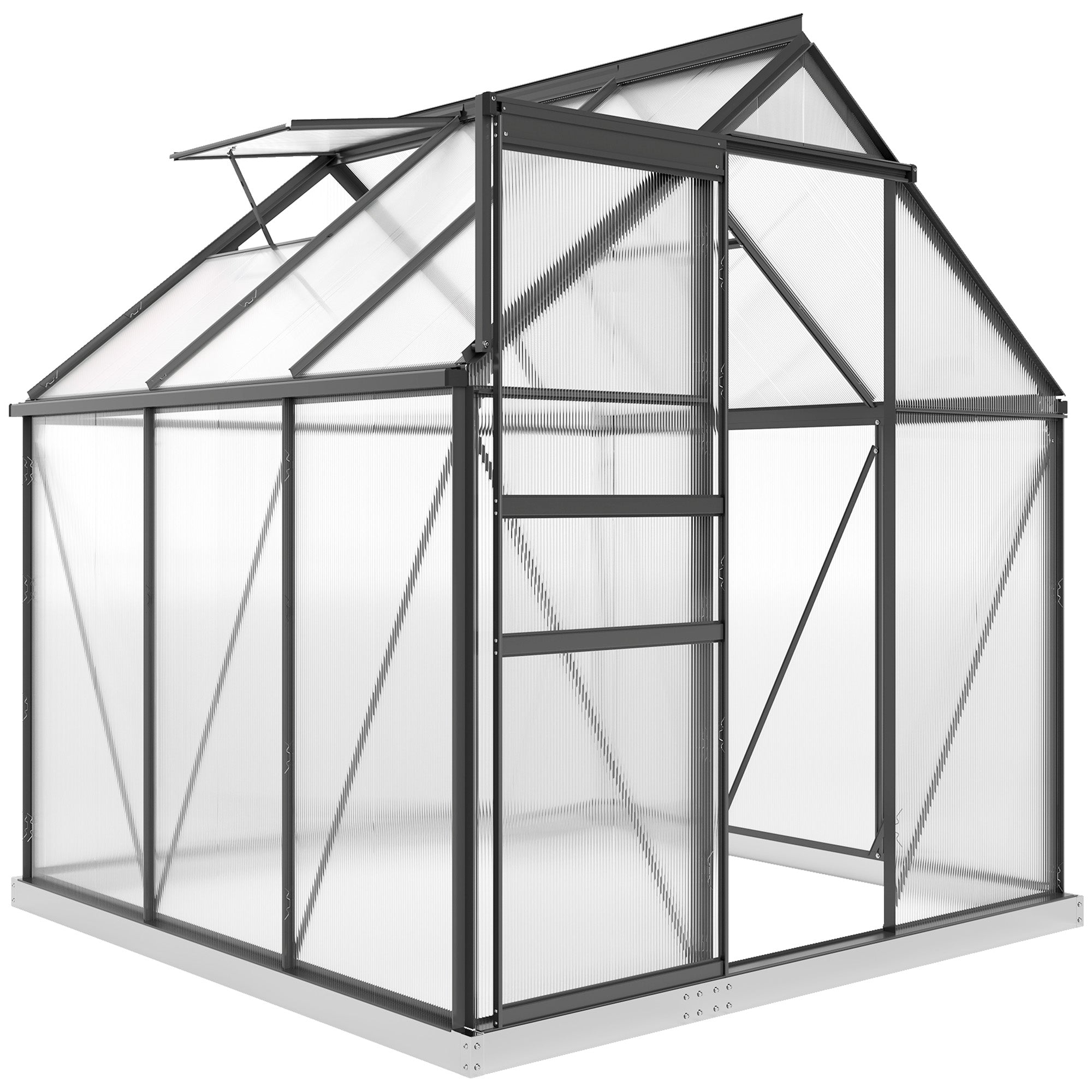 6' x 6' x 6.5' Polycarbonate Greenhouse, Walk-in Green House with Adjustable Roof Vent Galvanized Base Sliding Door Rain Gutter for Outdoor Garden Backyard, Grey