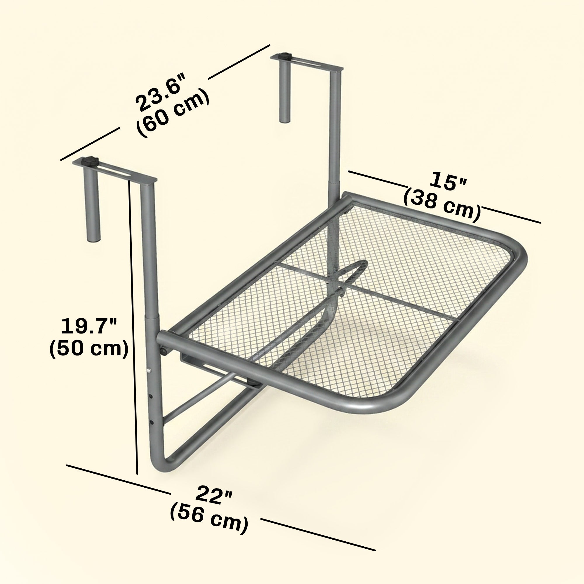 Adjustable Balcony Hanging Railing Table, Metal Mounting Mini Wall Desk Storage Rack, Outdoor Flower Stand Serving Table Rectangle, Grey