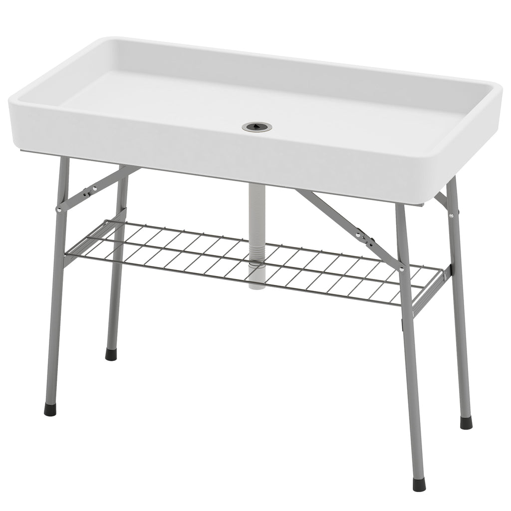 3.4ft Folding Ice Cooler Table with Drain, Outdoor Patio Party Cooler for Drinks, Fishing Cleaning Table with Storage Shelf for Picnic BBQ Camping Wedding, White