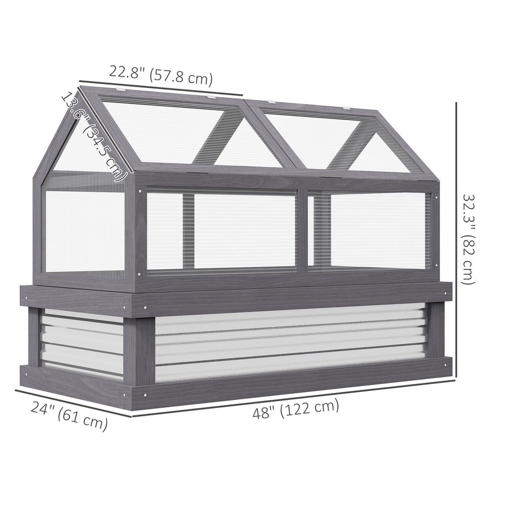 Raised Garden Flower Bed Kit with Greenhouse, Wooden Cold Frame Planter with Open Roofs, 48" x 24" x 32", Grey