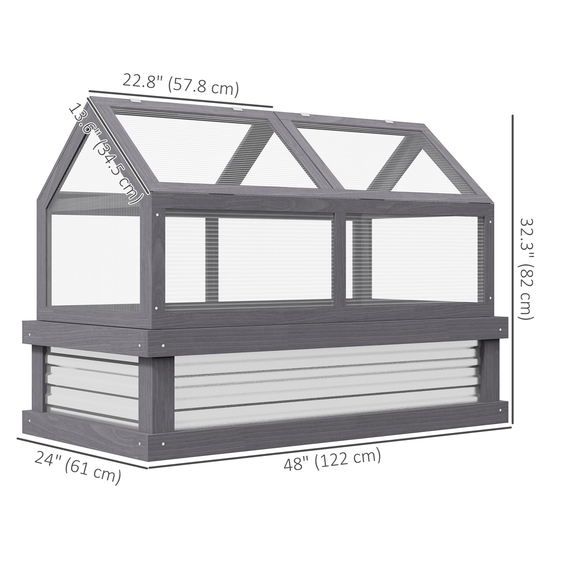 Raised Garden Flower Bed Kit with Greenhouse, Wooden Cold Frame Planter with Open Roofs, 48" x 24" x 32", Grey