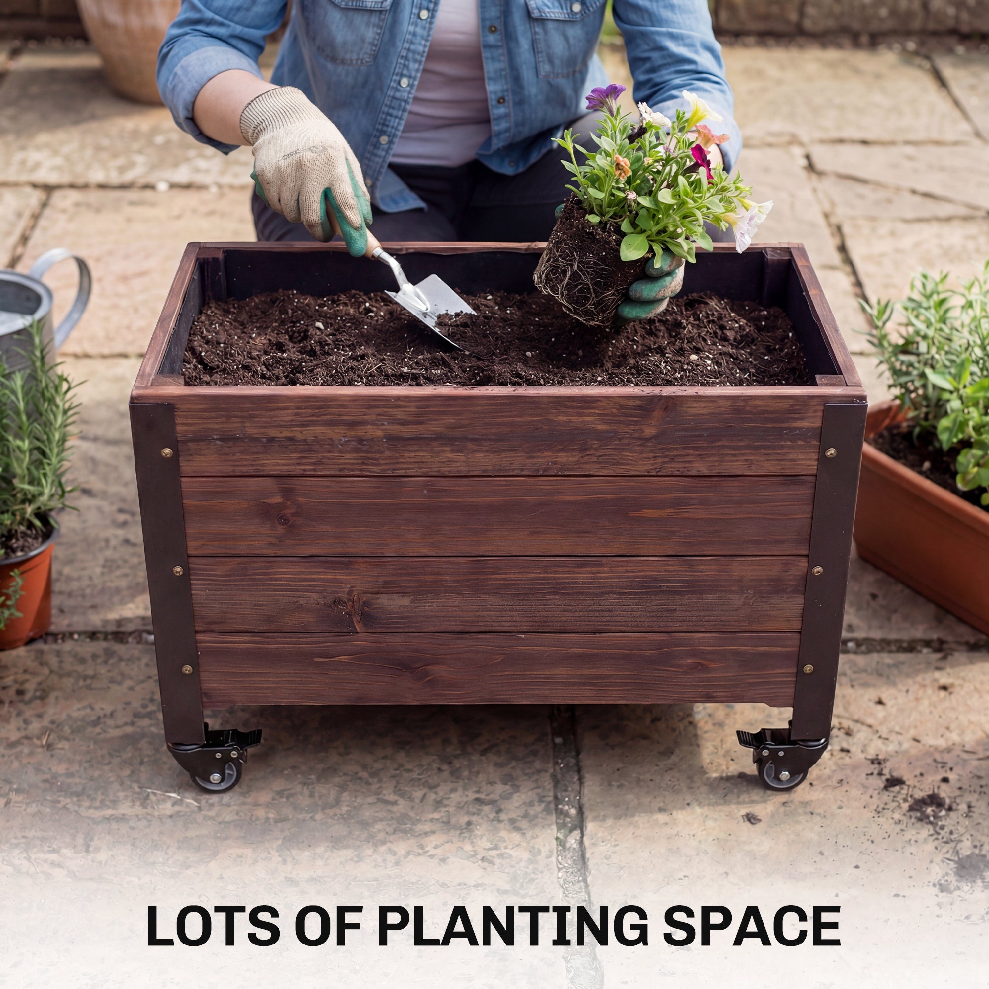 Raised Garden Bed with Wheels & Drainage Holes, Outdoor Planter Box with Liner for Patio Balcony