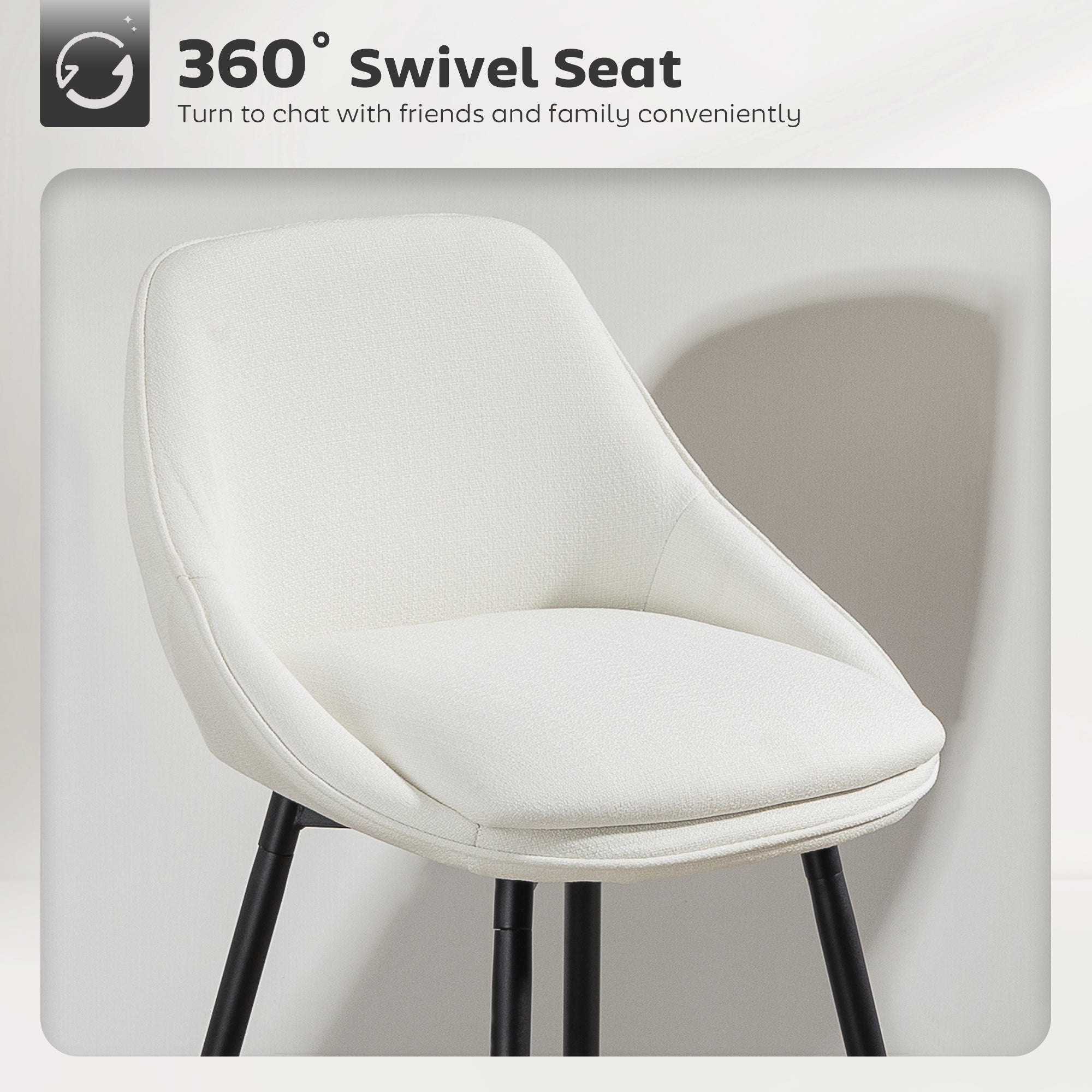 26" Counter Height Barstools Set of 2, Upholstered Swivel Bar Stools with Backrests and Armrests, Cream White
