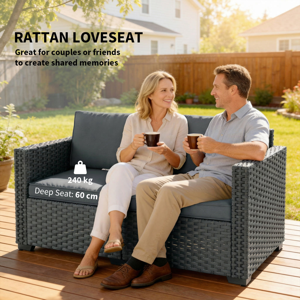 2 Seater Outdoor Couch Patio Sofa with Deep Seat, Cushions, Wide Armrests for Garden, Balcony, Porch, Dark Grey