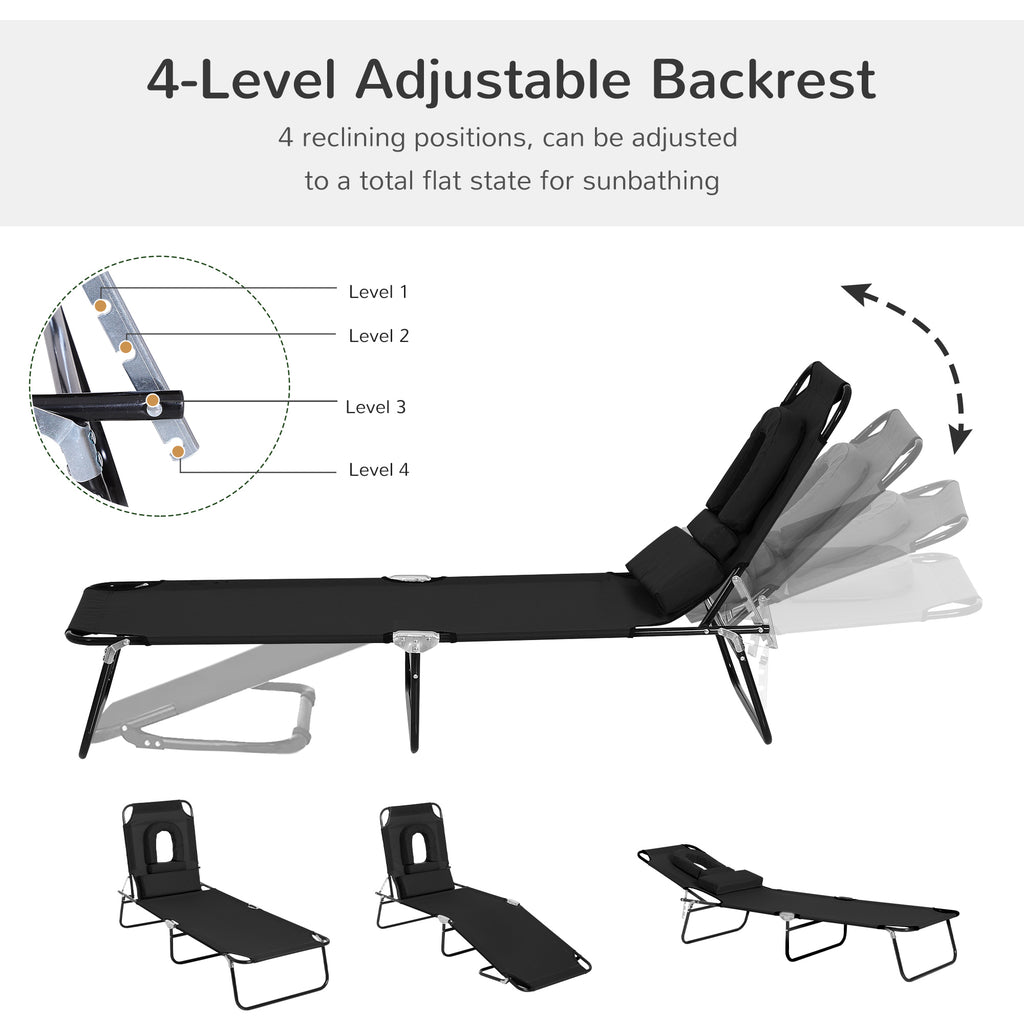 Adjustable Outdoor Lounge Chair, Garden Folding Chaise Lounge with Face Hole Reclining Tanning Chair Seat, Folding Camping Beach Lounging Bed w/ Support Pillow, Black