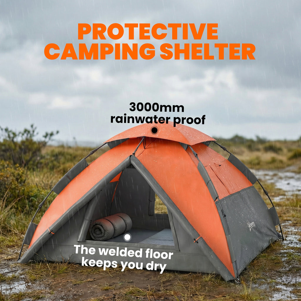 Pop up Camping Tent, 3-4 Man Family Tent, 3000mm Waterproof, with Carry Bag and Top Hook, Dark Grey and Orange