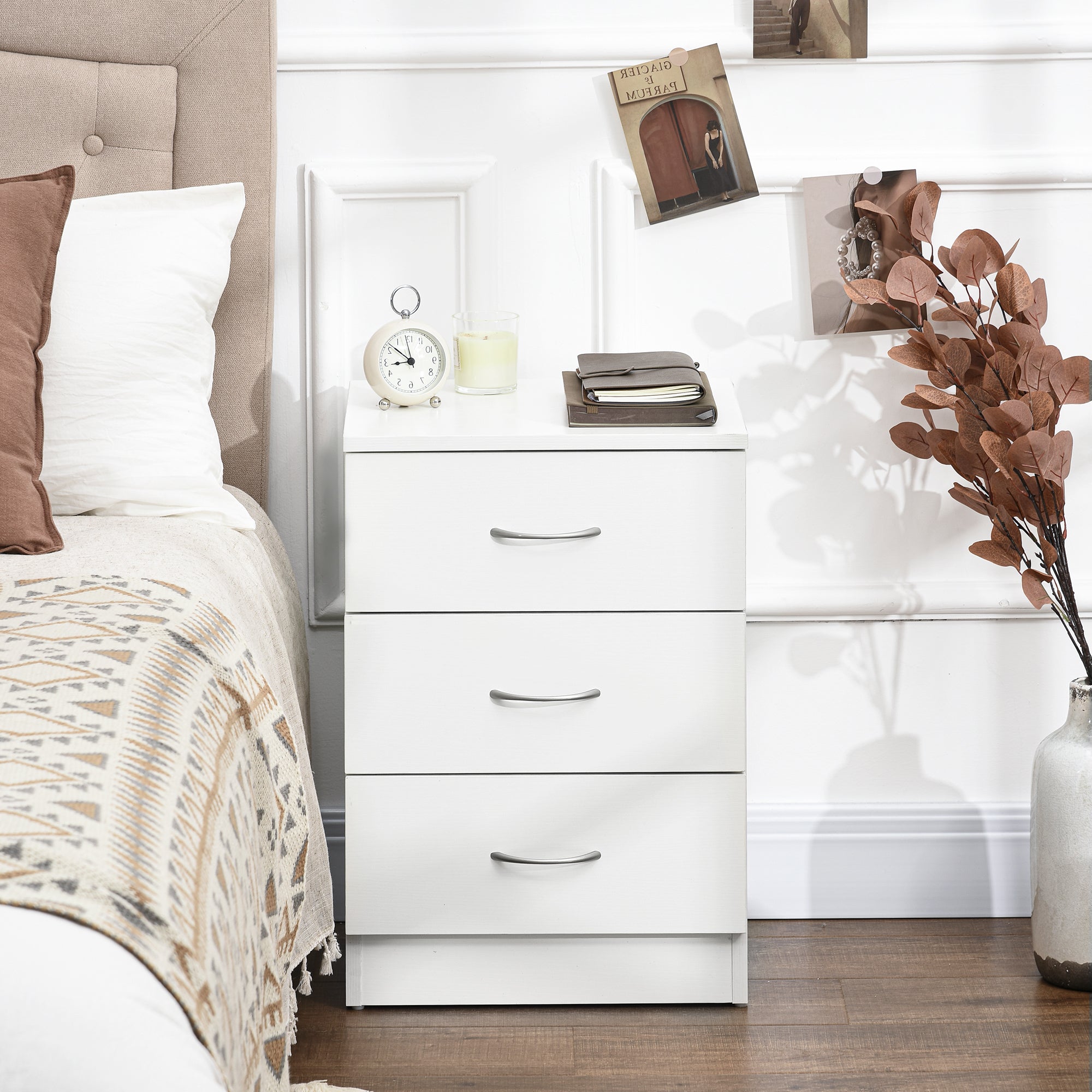 Bedside Table with 3 Drawers, Modern Wood Nightstand, Side Table with Anti-tipping Design for Bedroom, Set of 2, White