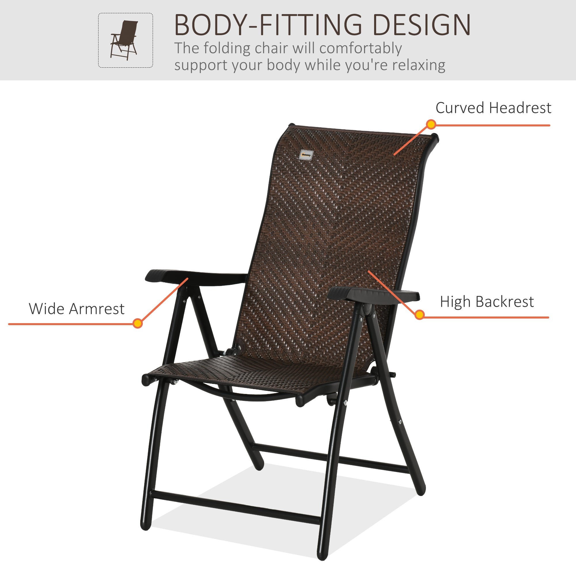 Rattan Reclining Folding Chair, Outdoor Wicker Portable Recliner with 7 Adjustable Backrest Position for Garden, Balcony, Patio, Brown