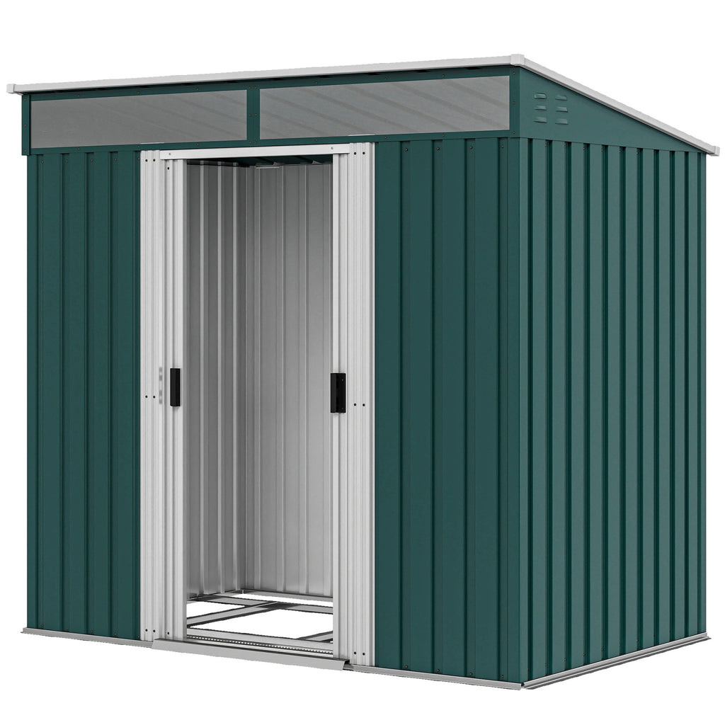 6.5x4FT Galvanised Metal Shed with Foundation Kit, Lockable Garden Tool Storage House with Sliding Doors, Vents, Green