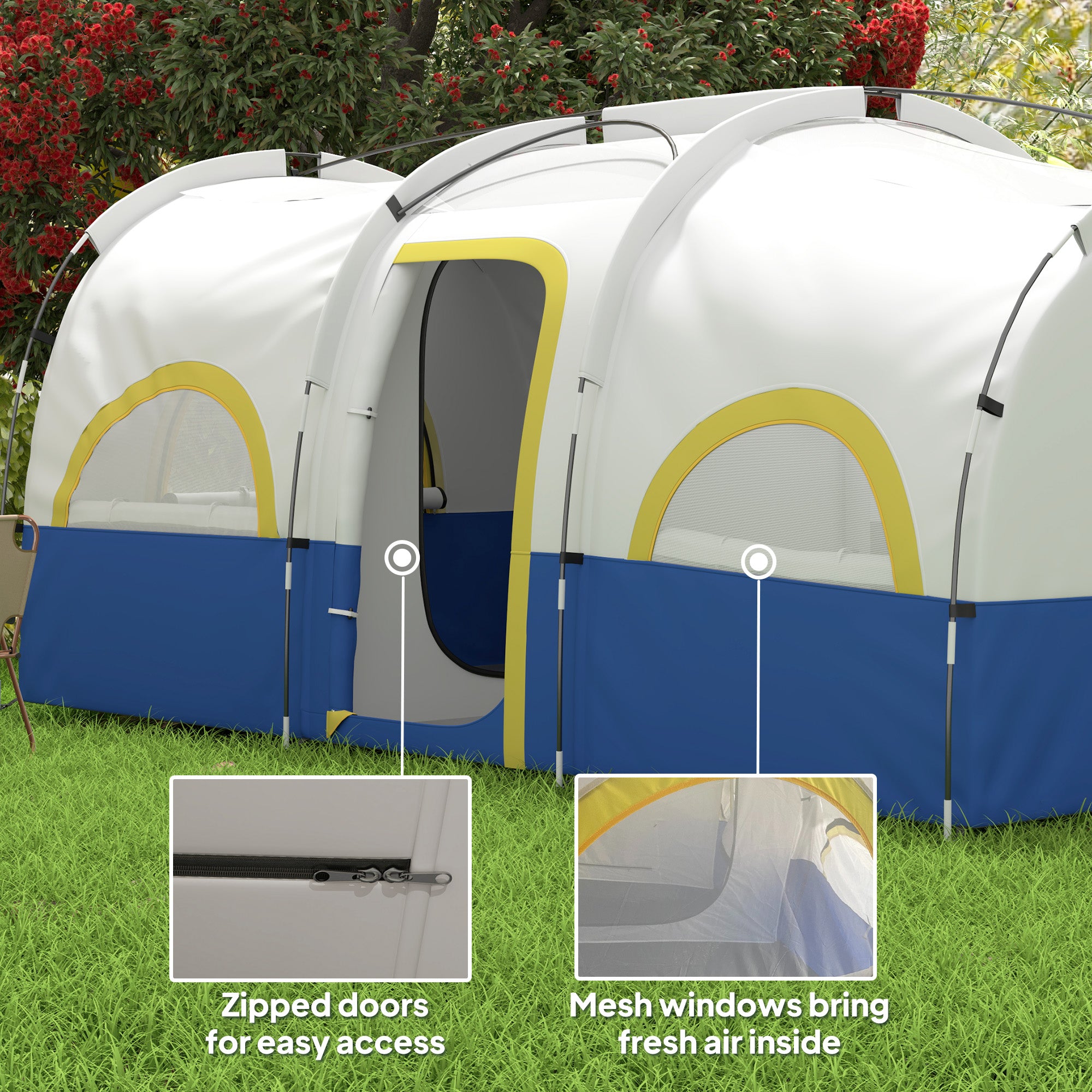 4 Person Camping Tent, 3 Room Cabin Tent, 3000mm Waterproof and UPF30+ with Sewn in Groundsheet and Carry Bag, Blue