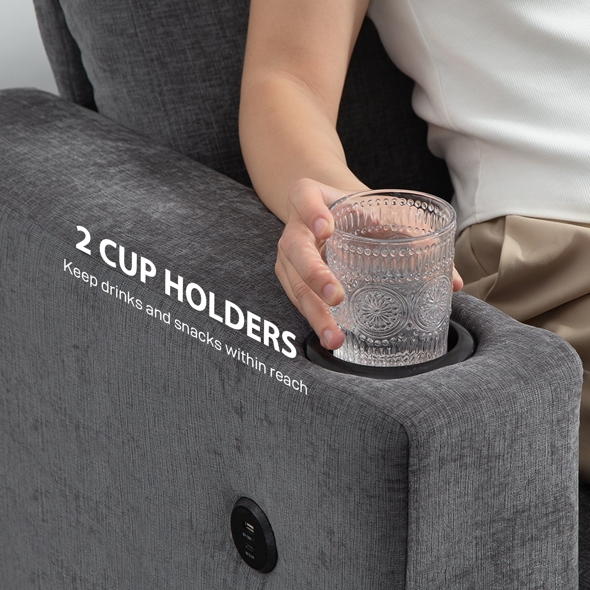 3 Seater Sofa with USB Ports & Cup Holders, Chenille-Feel Upholstered Couch for Living Room, Grey