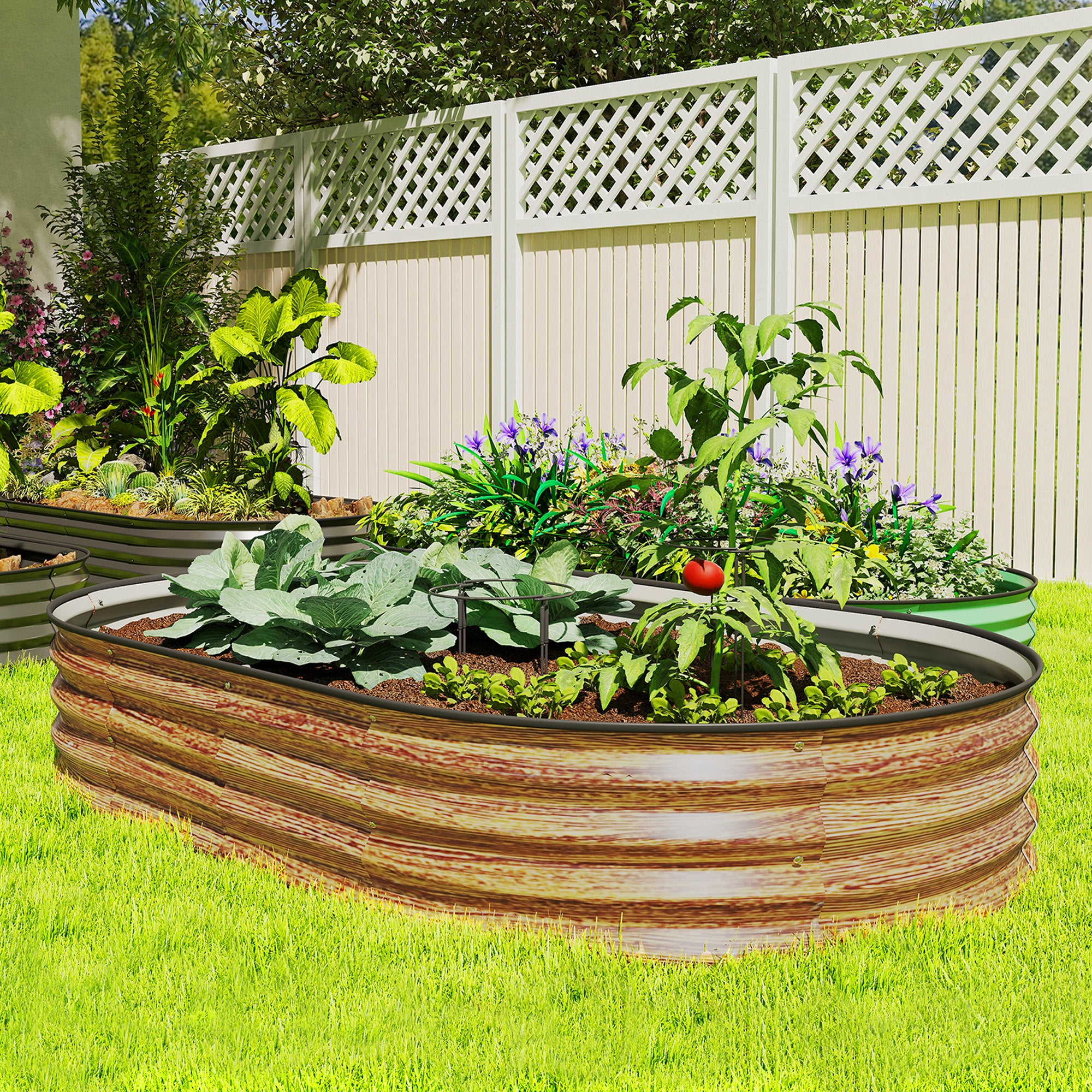 5' x 3' x 1' Large Outdoor Planter Box, Galvanized Raised Garden Bed with Metal Plant Stake, Brown Wood Effect