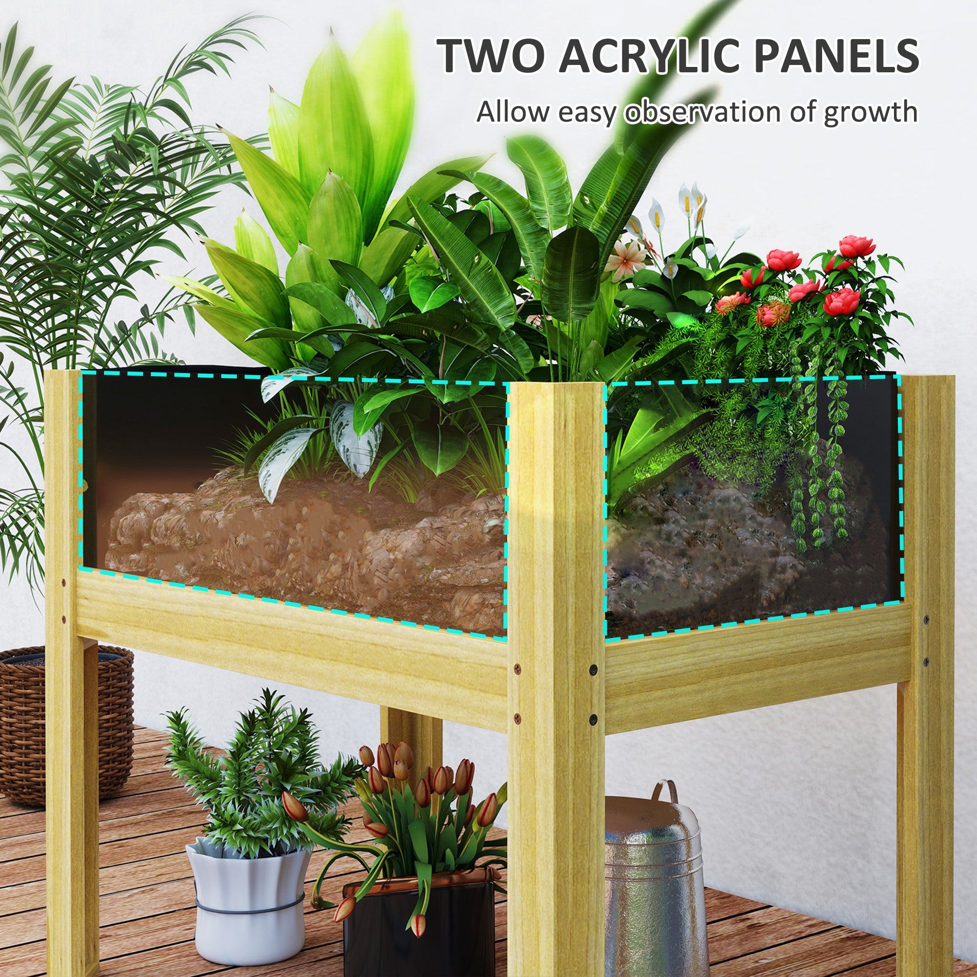 Wooden Raised Garden Bed with Acrylic Panels, Raised Planter Box with Drainage Holes, 29.5" x 18.1" x 23.8"