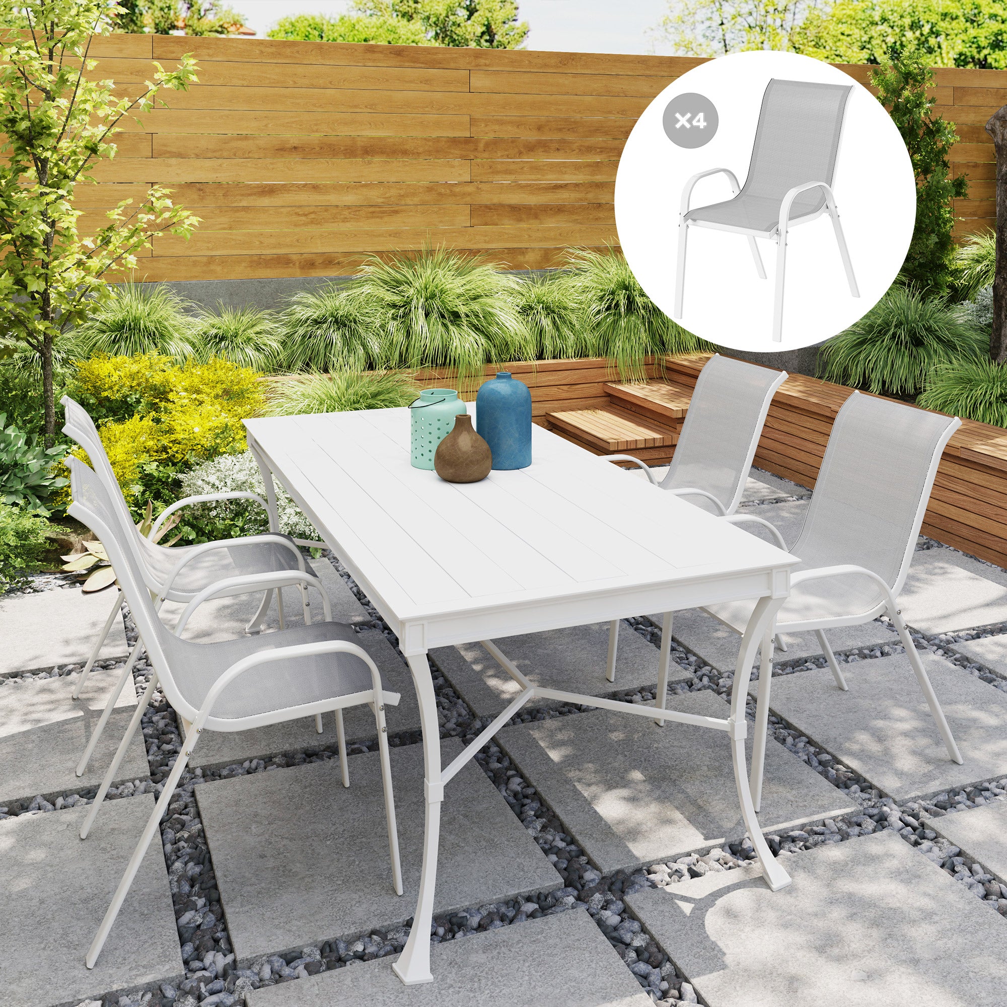 Set of 4 Outdoor Dining Chairs, Stackable Lawn Chairs with High Back, Breathable Mesh Seat for Garden Porch, White