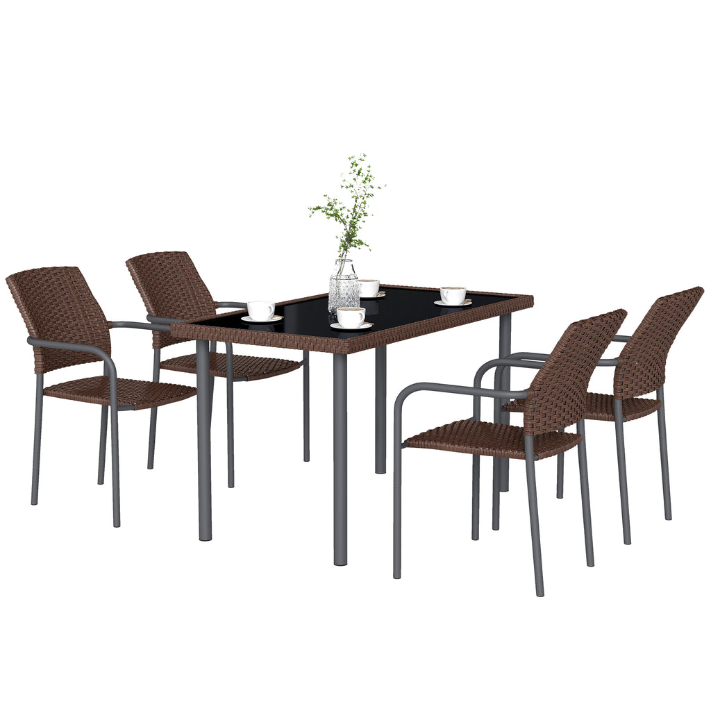 5 Pieces Outdoor Dining Set for 4, PE Wicker Rattan Patio Furniture Set with Stackable Chairs and Glass Table Top