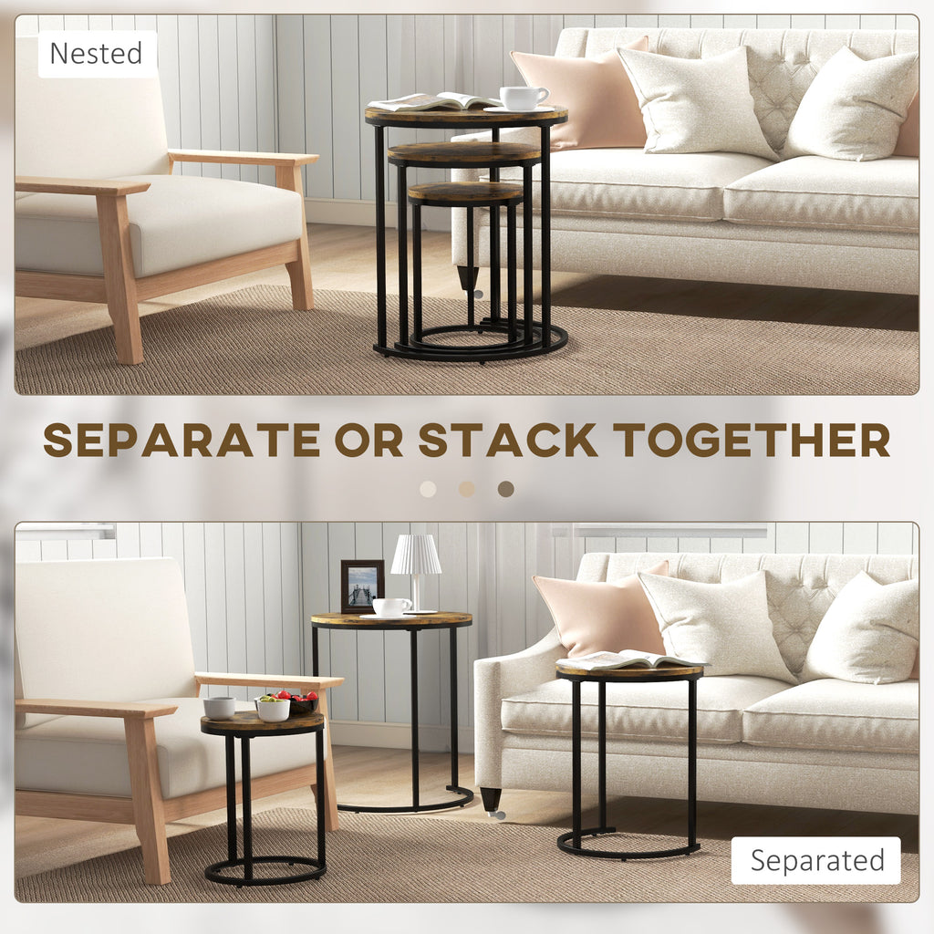 Nesting Coffee Tables Set of 3, Stacking Round Side Tables with Steel Frame for Living Room, Rustic Brown