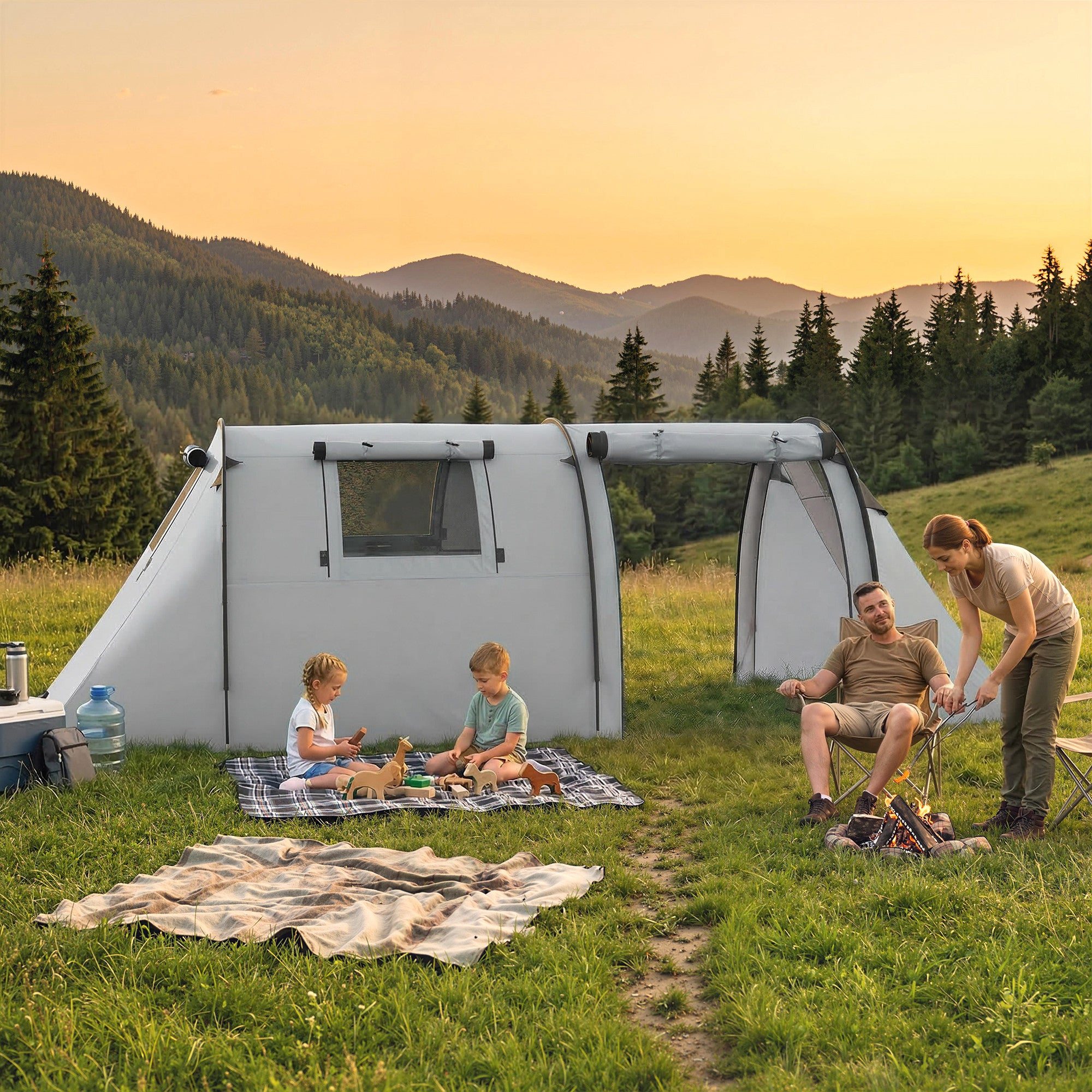 3-4 Person Camping Tent with 2 Rooms, 3000mm Waterproof Portable Family Tent with Carry Bag, Grey