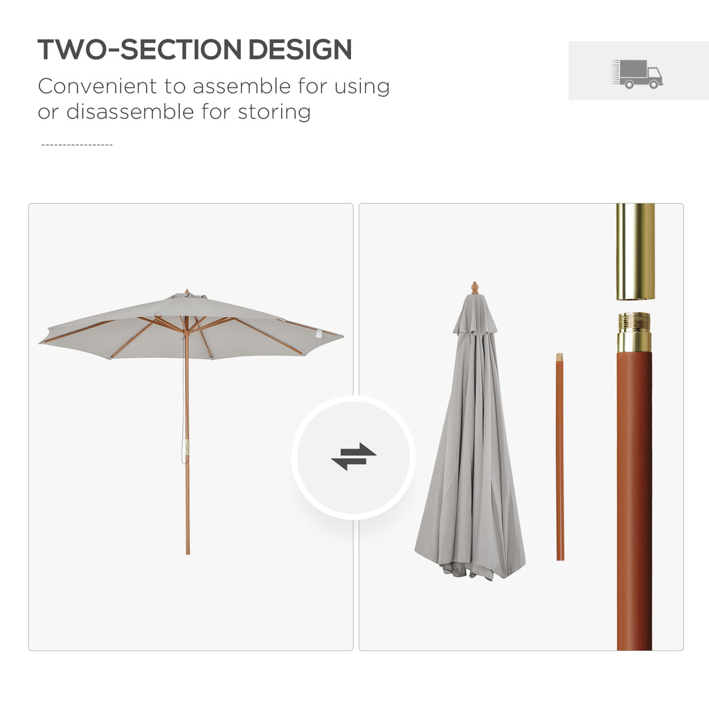 10' x 8' Wooden Patio Umbrella, Garden Parasol, Outdoor Sunshade Canopy with Bamboo Rib for Outdoor, Grey