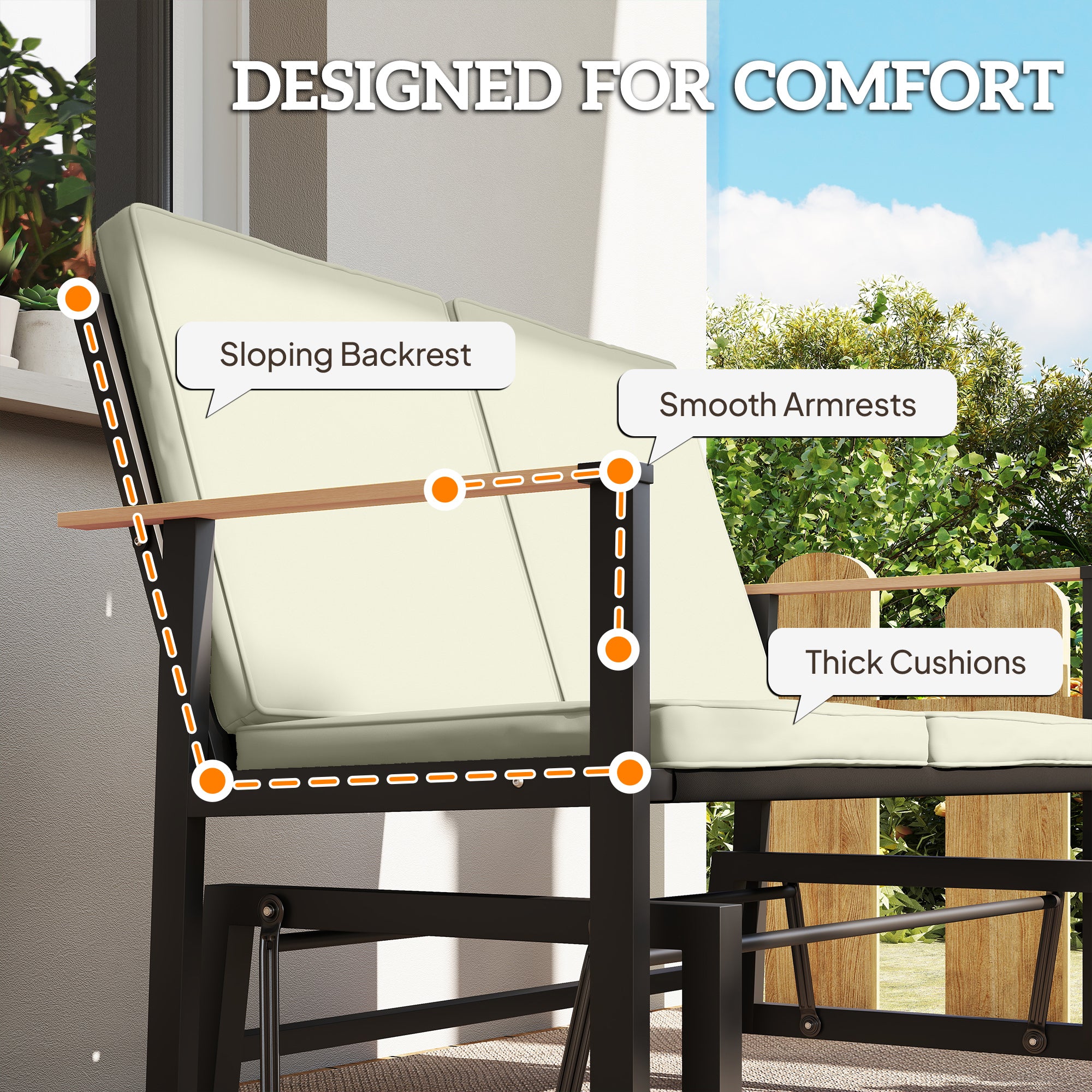 Outdoor Glider Bench for 2 Person, Patio Glider Loveseat with Thick Cushions for Garden Balcony Porch, Cream White