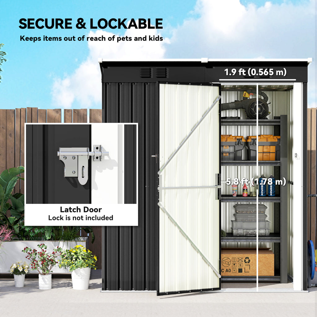 5 x 3 ft Outdoor Storage Shed, Lean-to Metal Garden Shed with Lockable Door and Vents, Dark Grey