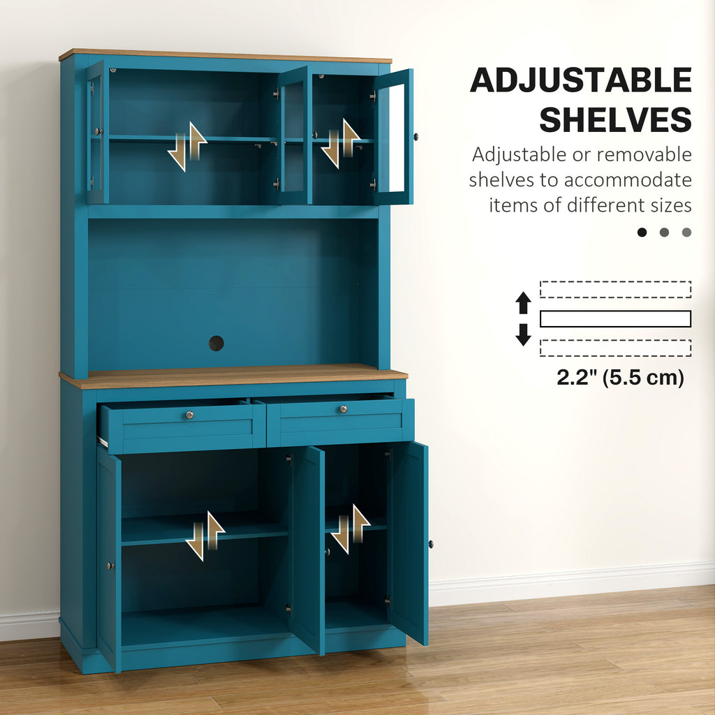 71" Pantry Cabinet with Microwave Space, Buffet with Hutch, 2 Drawers, Adjustable Shelves and Glass Doors, Navy Blue