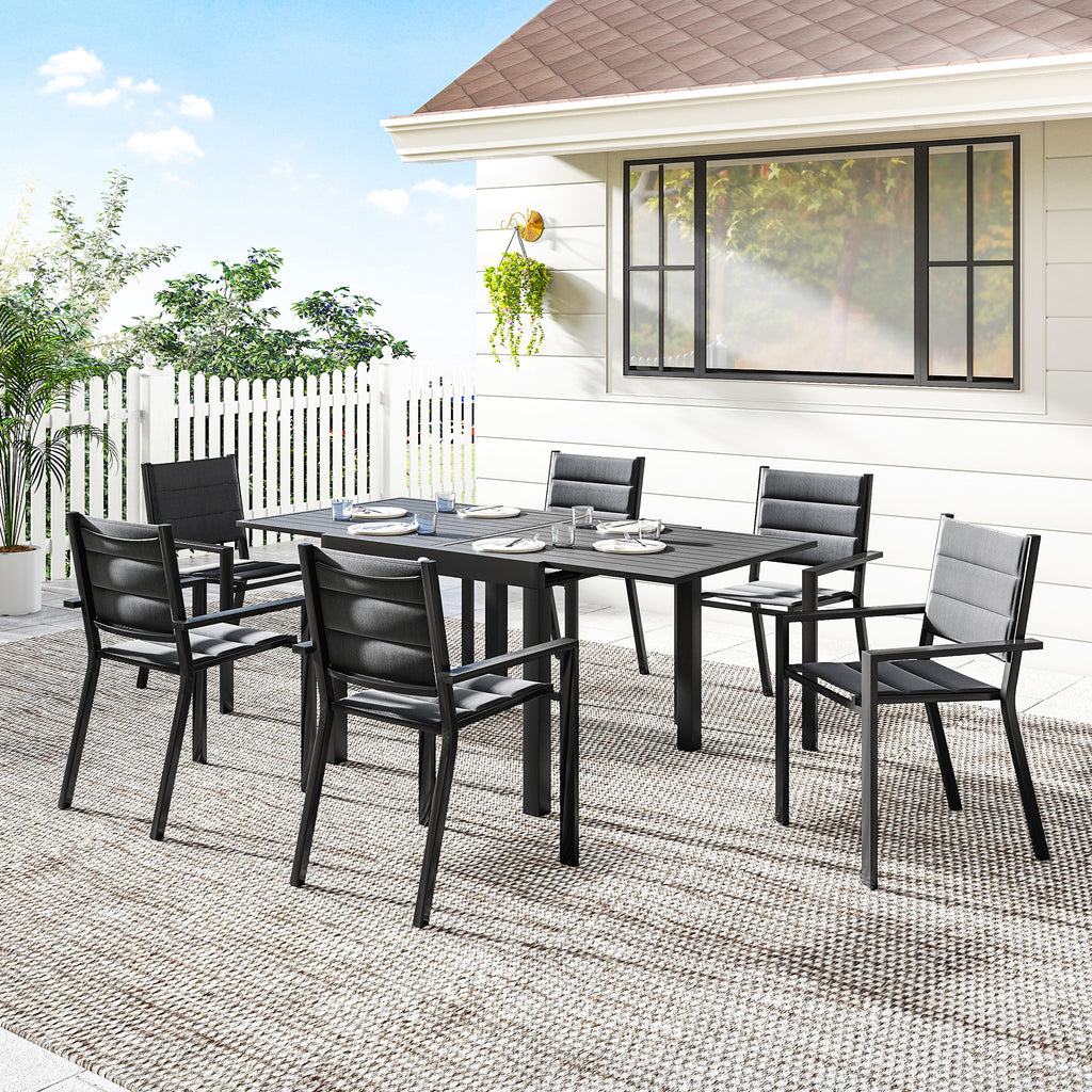 Patio Dining Set for 6, Aluminum Expandable Outdoor Table and 6 Stackable Chairs with Padded Back, Mesh Seat, Black