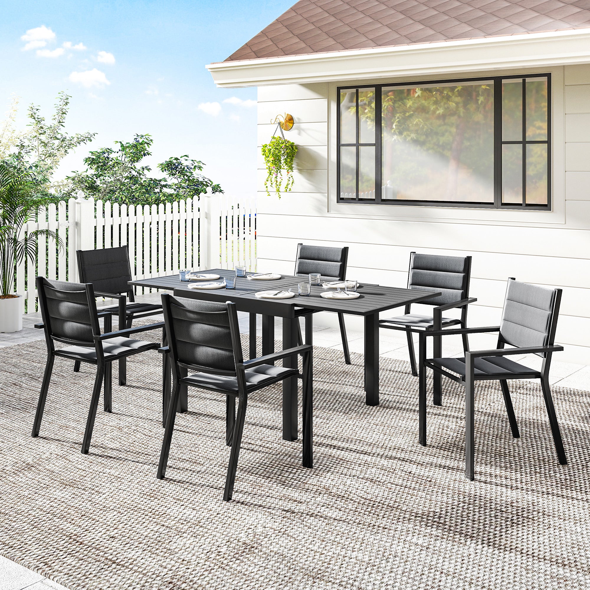 Patio Dining Set for 6, Aluminum Expandable Outdoor Table and 6 Stackable Chairs with Padded Back, Mesh Seat, Black
