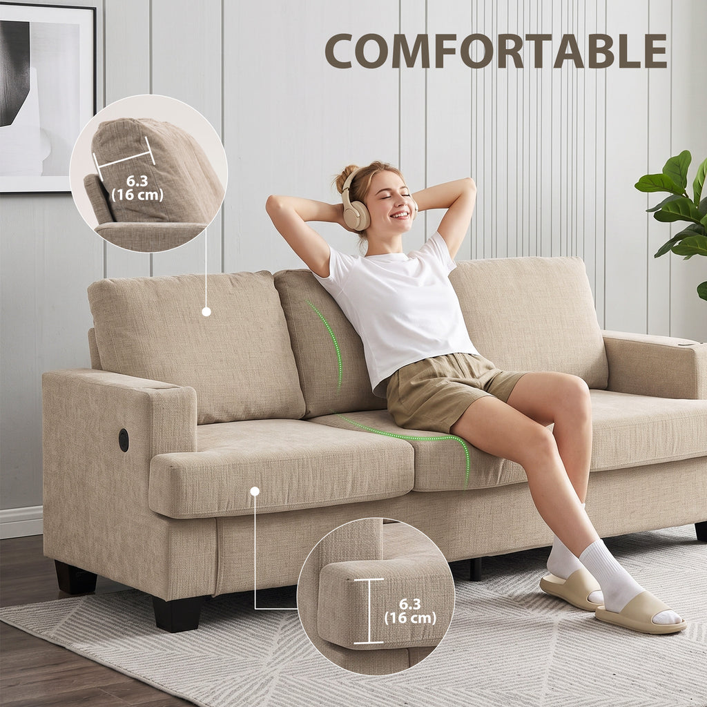 3 Seater Sofa with USB Ports & Cup Holders, Chenille-Feel Upholstered Couch for Living Room, Light Brown