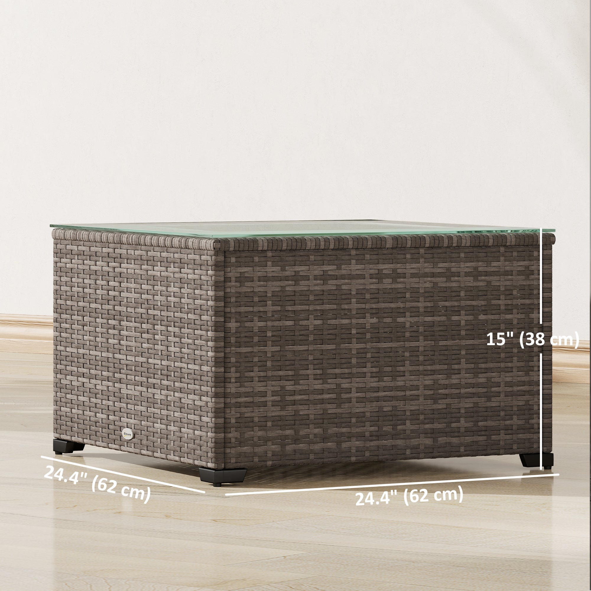 24.4" Patio Wicker Coffee Table, PE Rattan Outdoor Side Table with Tempered Glass Top, Black