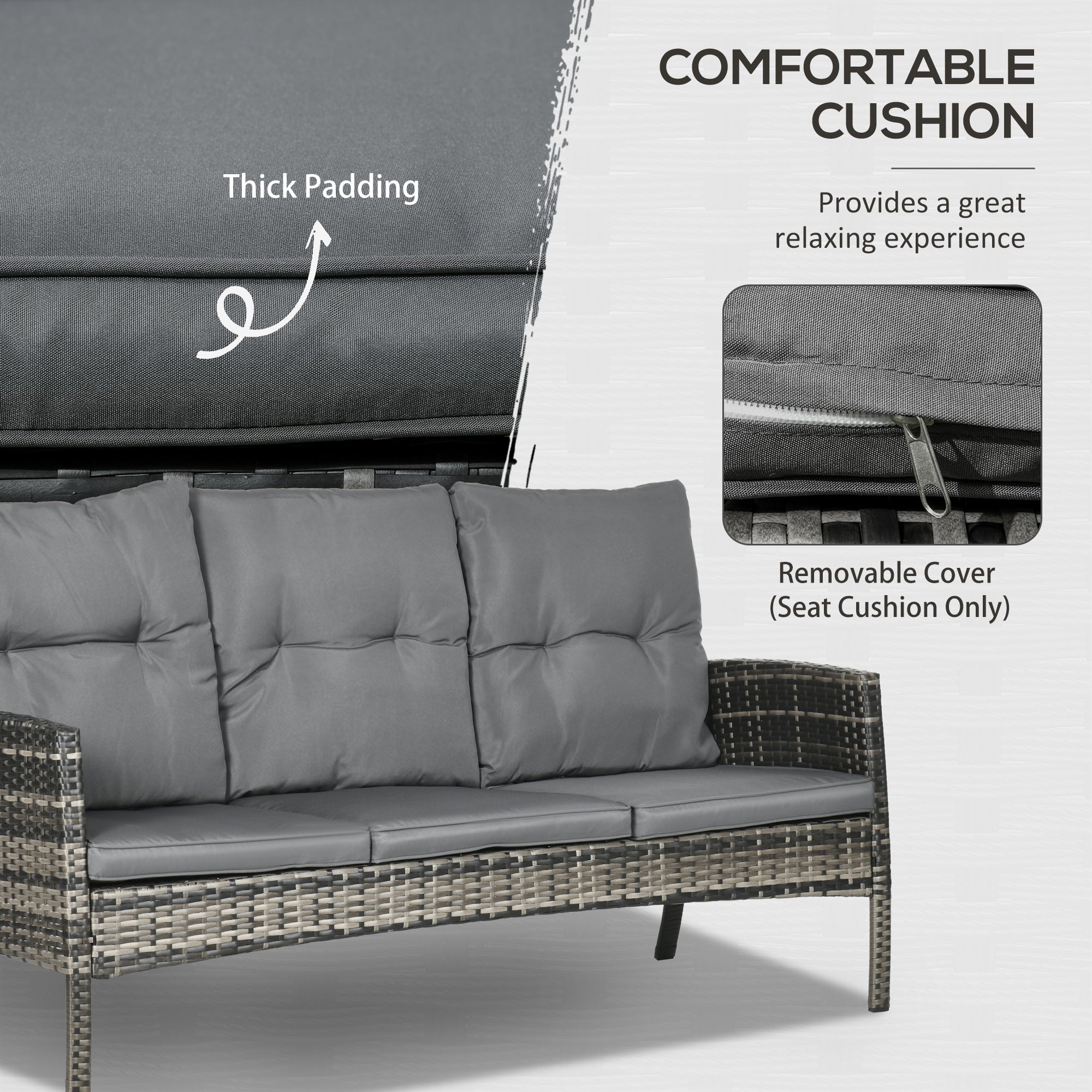 6-Piece Outdoor Patio Furniture Set with Chairs, Ottomans, Sofa, Glass Top Coffee Table and Cushions, Wicker Rattan Conversation Set for Backyard and Porch, Grey