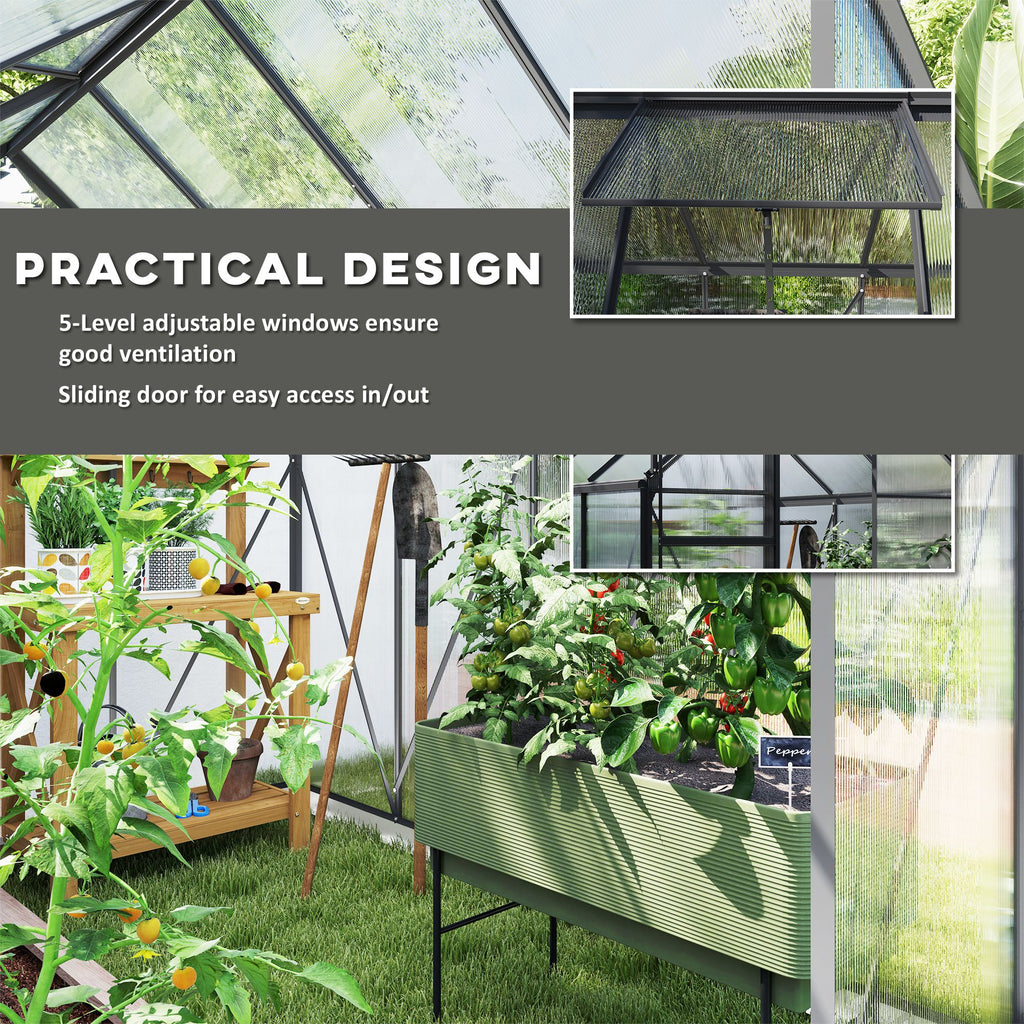 6' x 8' x 6.5' Polycarbonate Greenhouse, Walk-in Green House with Adjustable Roof Vent Galvanized Base Sliding Door Rain Gutter for Outdoor Garden Backyard, Charcoal Grey
