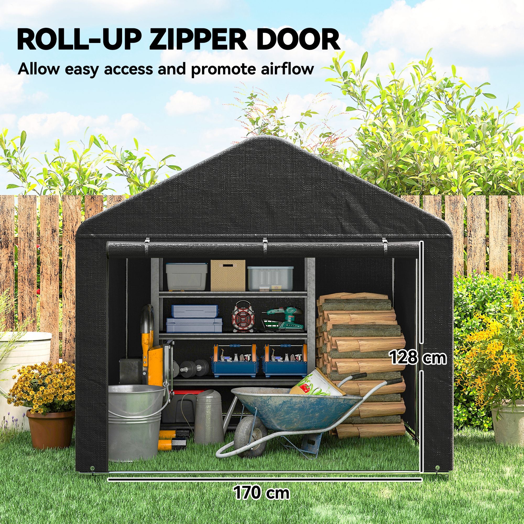 6.6' x 7.8' Portable Shed, Waterproof Bike Tent with Roll-up Zipper Door and Reinforced Galvanised Steel Frame, Black