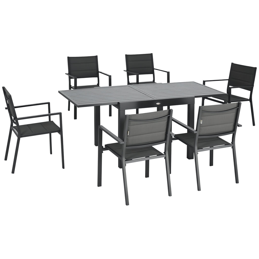 Patio Dining Set for 6, Aluminum Expandable Outdoor Table and 6 Stackable Chairs with Padded Back, Mesh Seat, Dark Grey