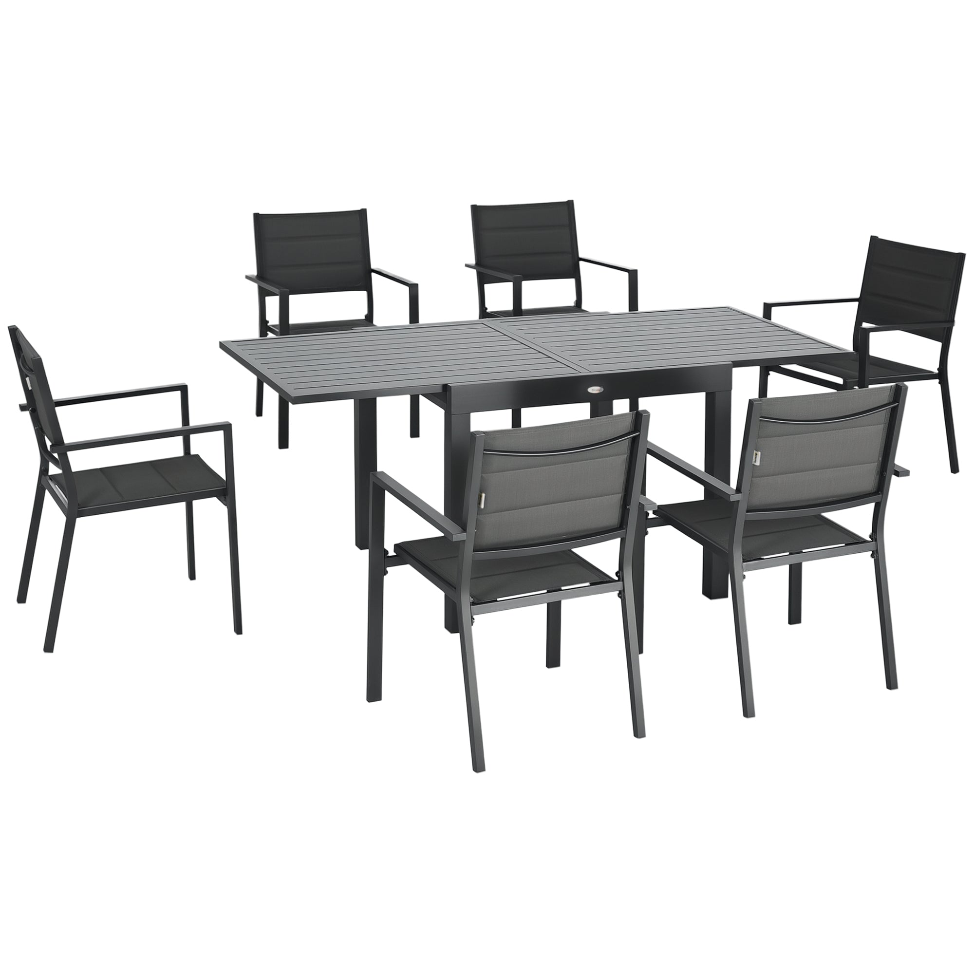 Patio Dining Set for 6, Aluminum Expandable Outdoor Table and 6 Stackable Chairs with Padded Back, Mesh Seat, Dark Grey