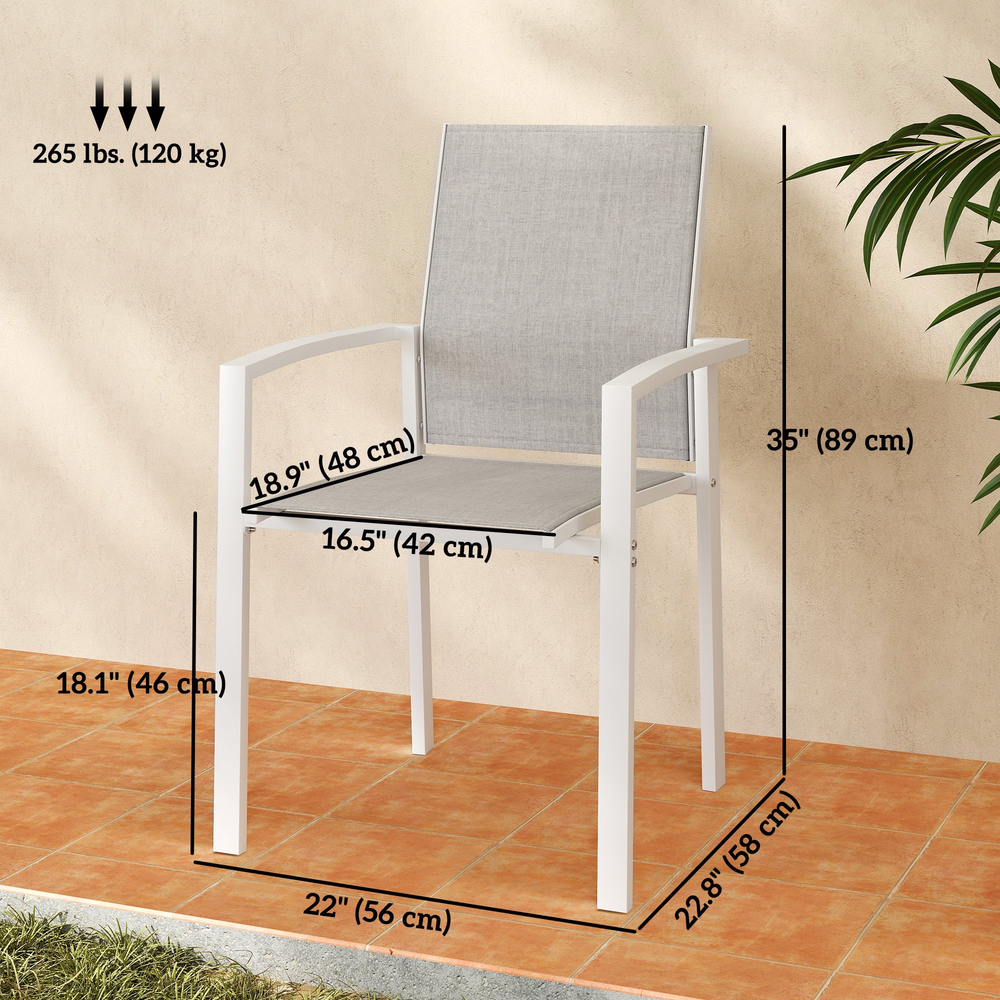 Set of 2 Outdoor Garden Chairs, Stackable Patio Dining Chairs with Breathable Fabric, Armrests and Backrest, Light Grey
